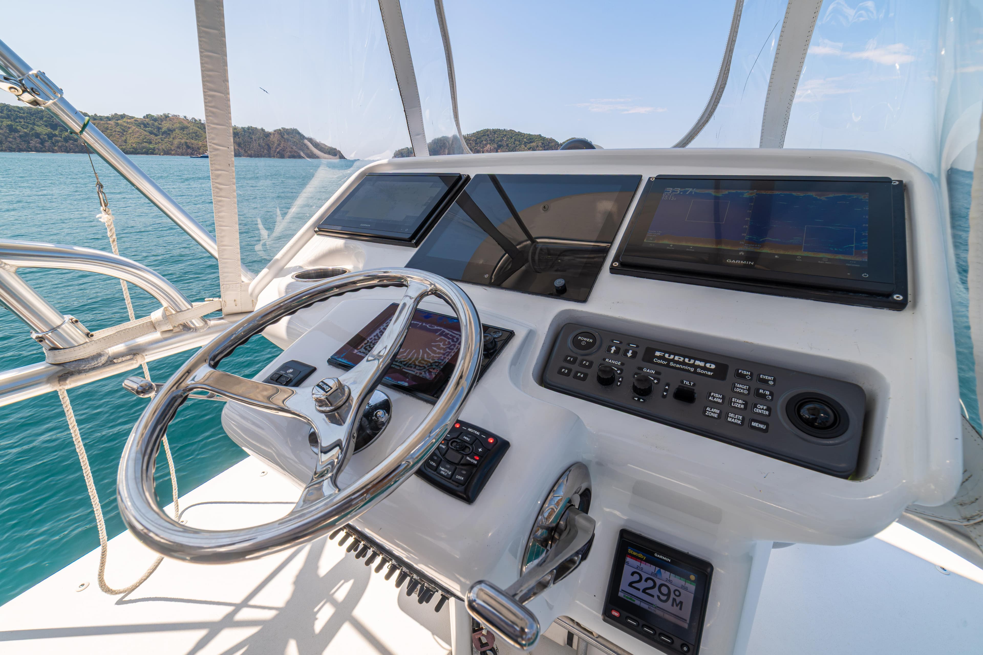 Cockpit of 2018 Maverick Yachts Costa Rica 36 Walkaround with navigation equipment.