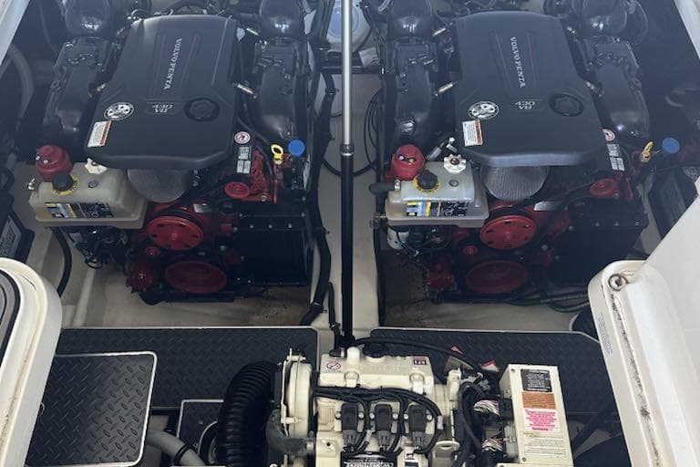Engine compartment of 2020 Formula 330 Crossover Bowrider with dual engines.