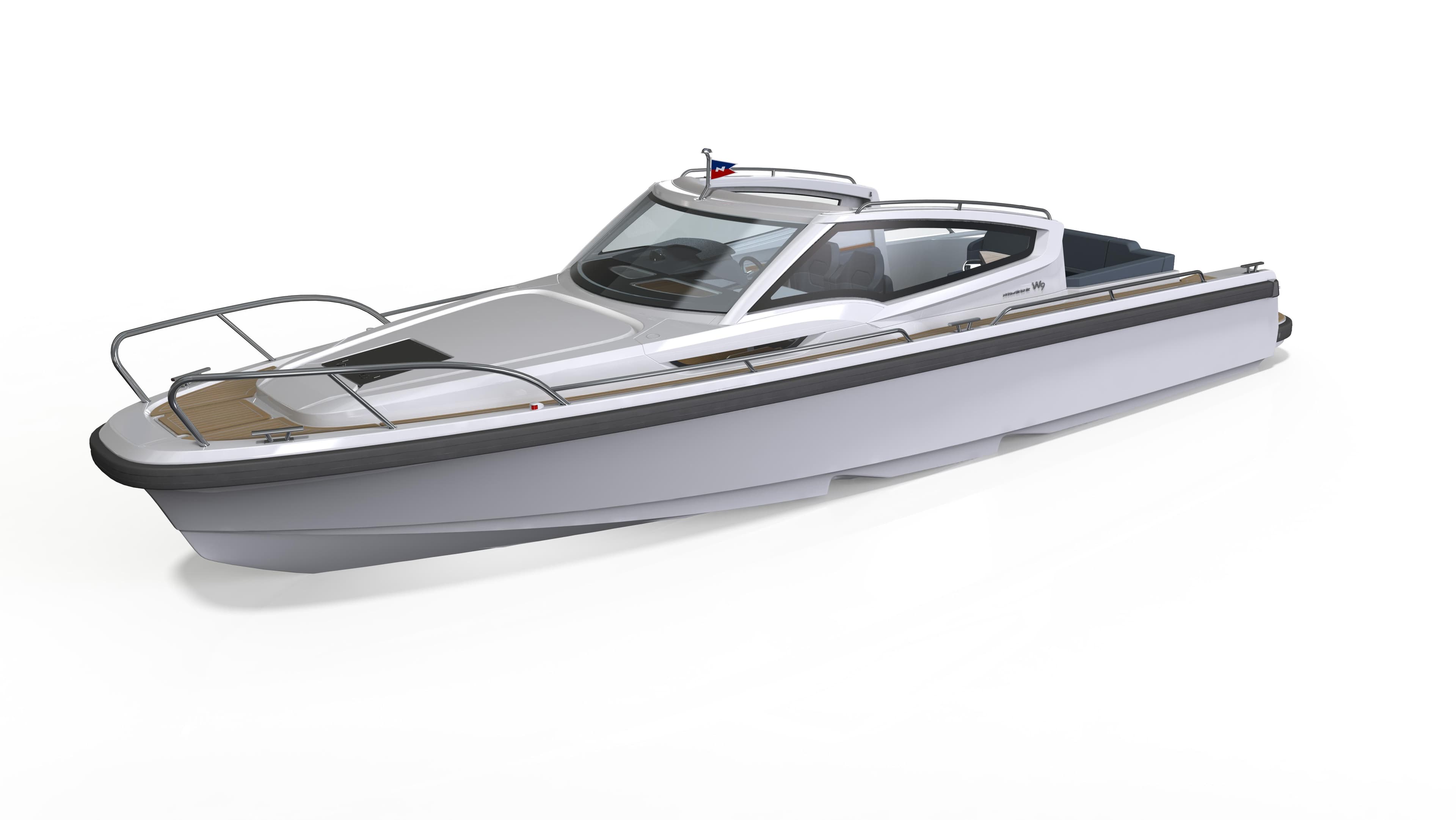2025 Nimbus Weekender 9 boat, sleek design, white hull, modern cabin, side view.