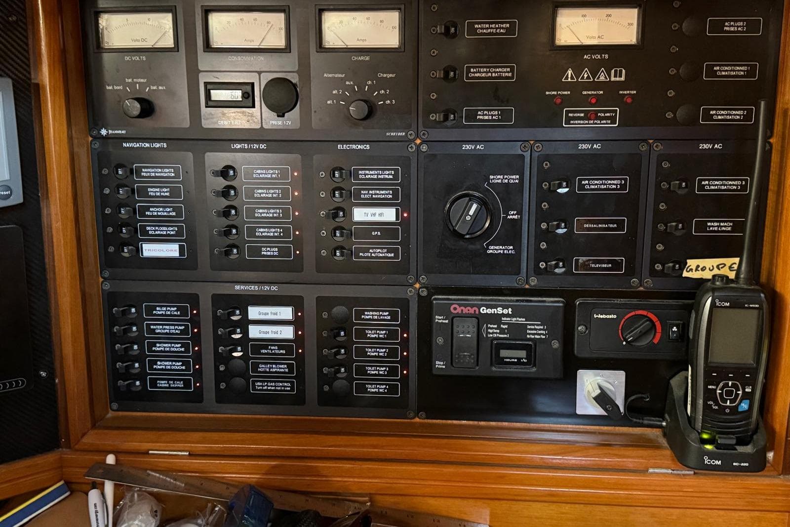 Electrical control panel on a 2002 Jeanneau Sun Odyssey 52.2 sailboat.