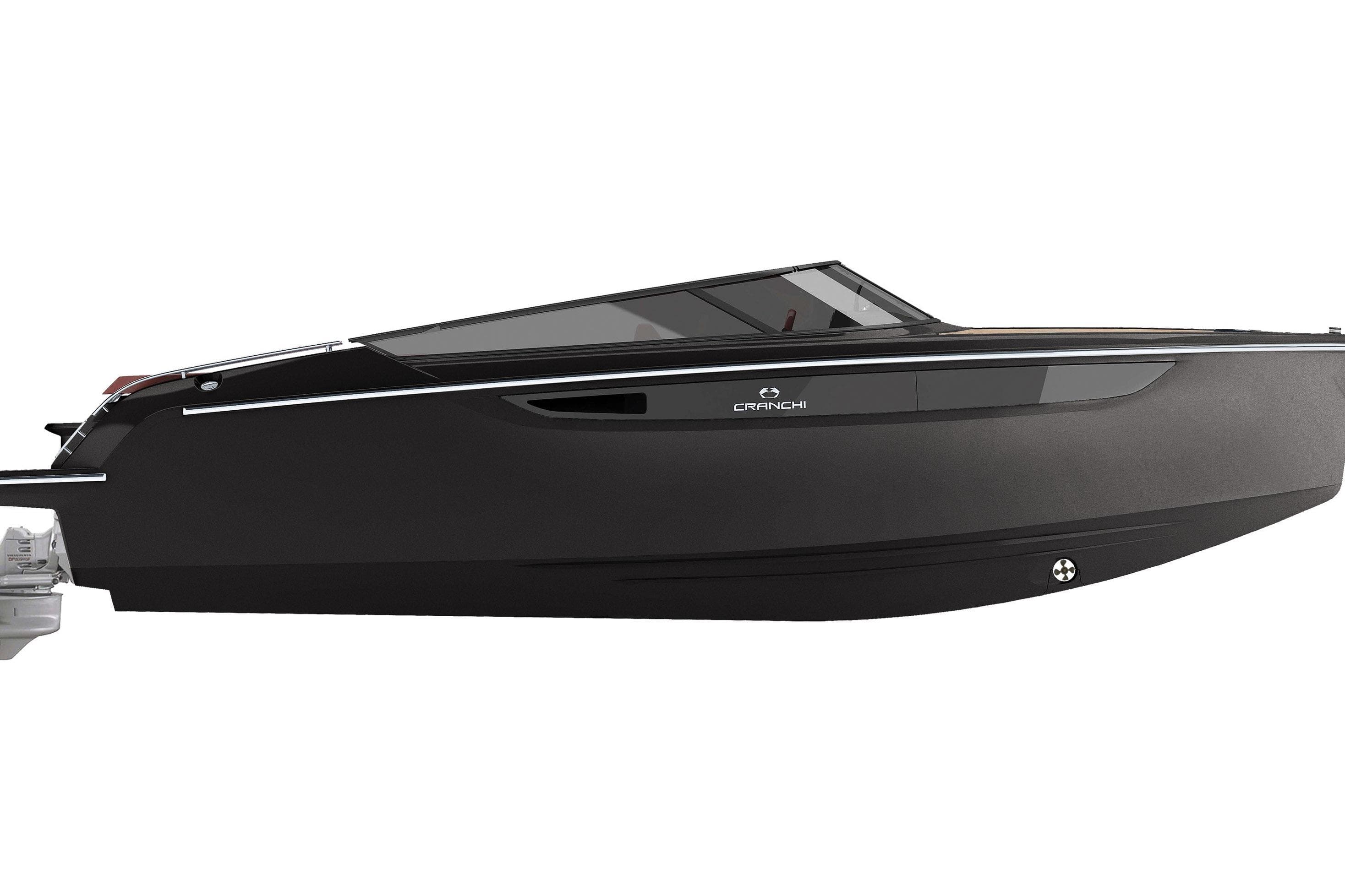 2026 Cranchi E26 Classic boat, sleek black design, side view.