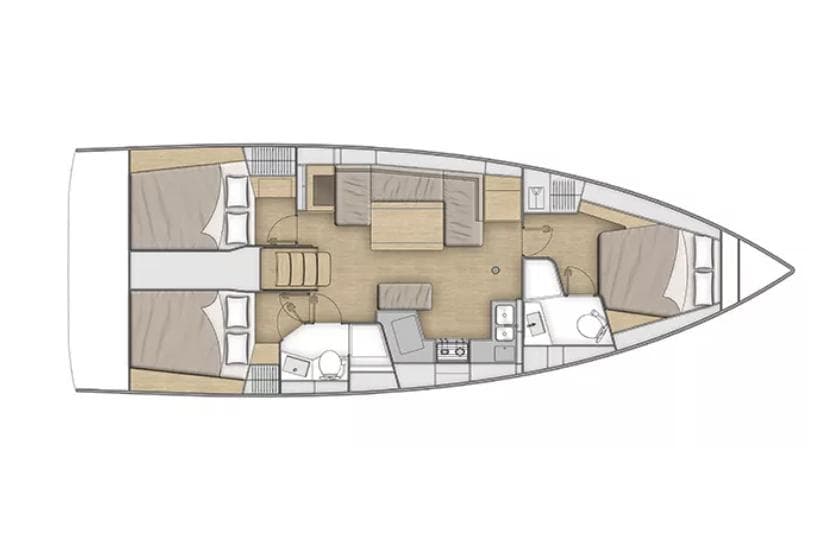 Manufacturer Provided Image: Floor plan of 2026 Beneteau Oceanis 40.1 sailboat, featuring cabins, kitchen, and living area.