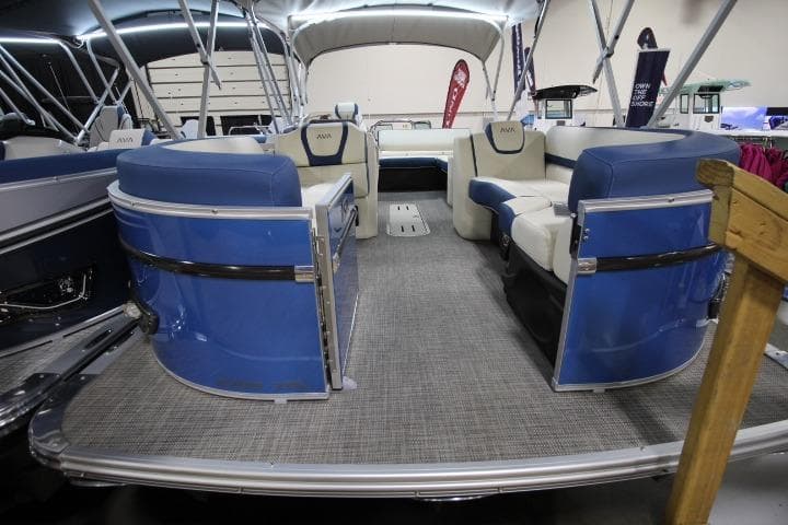 2026 Avalon Catalina Versatile Rear Lounge boat interior with blue and white seating.