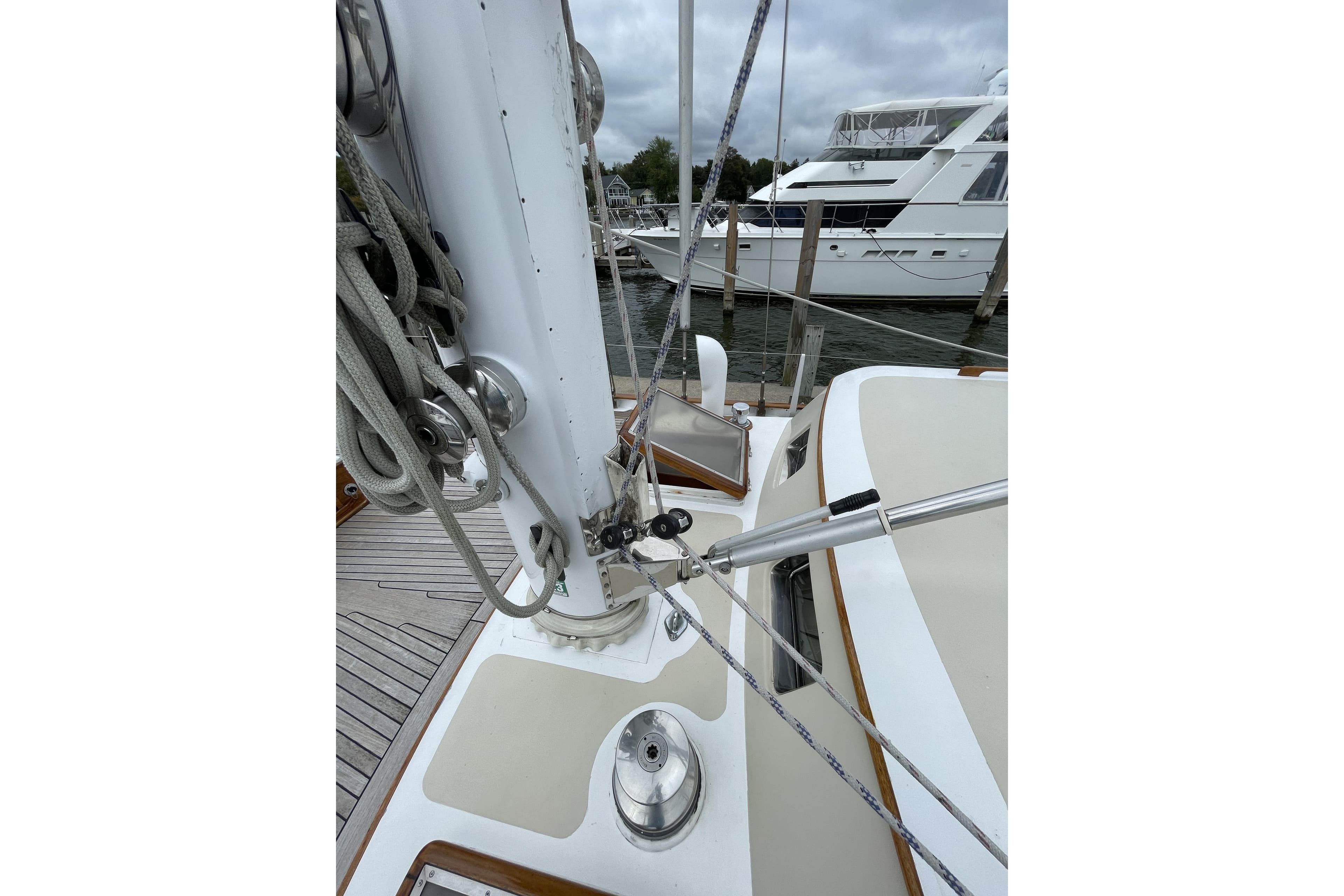 Deck view of a 1966 Sparkman & Stephens 65 sailboat, showcasing rigging and mast details.