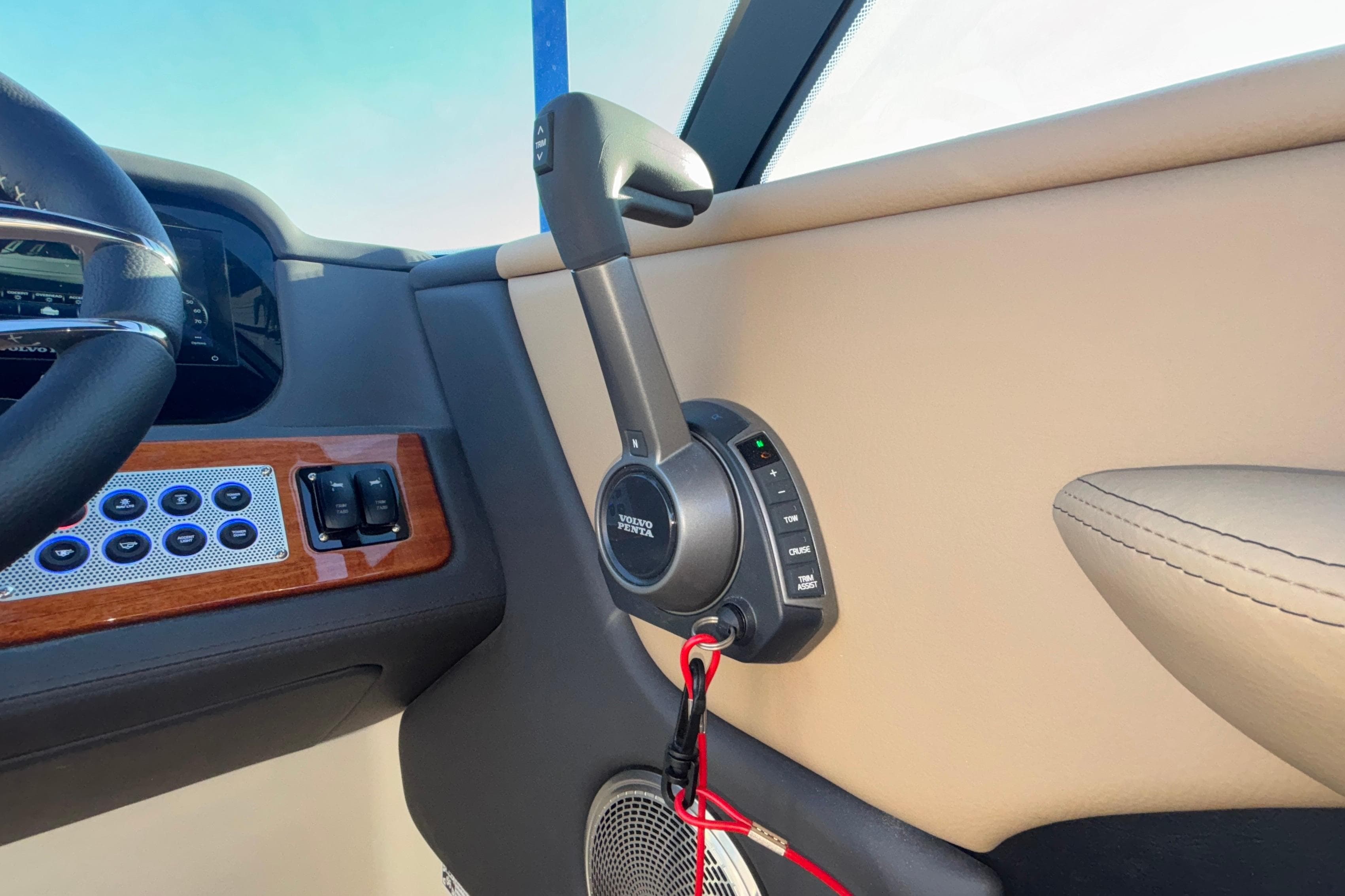 Interior of 2026 Chris-Craft Sportster 28 boat with Volvo Penta controls.