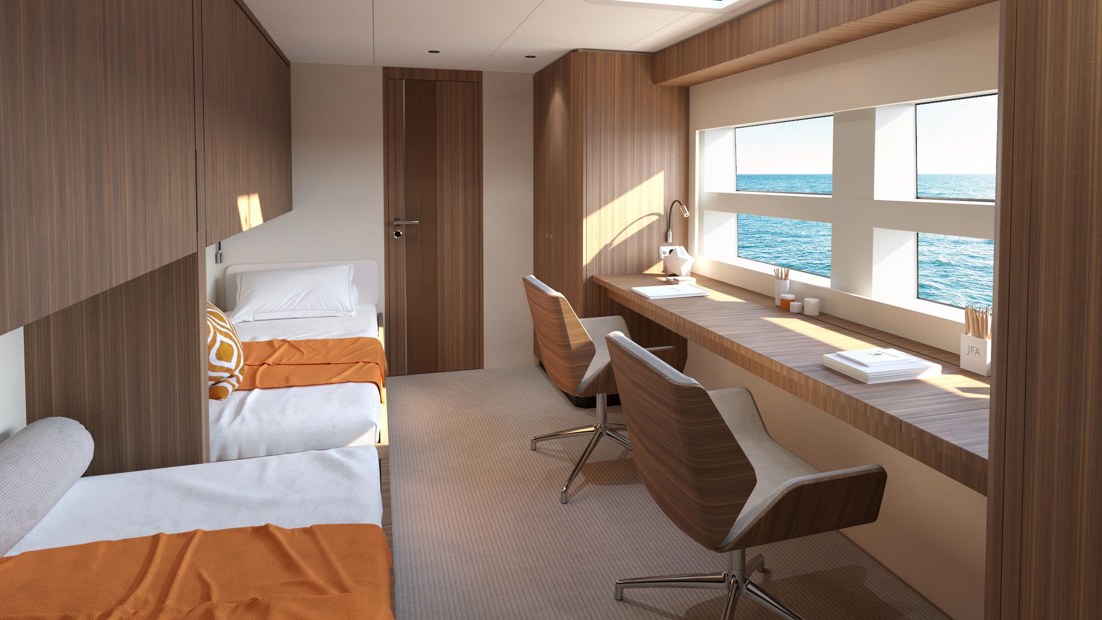 Luxurious cabin on JFA Long Island 87 yacht, 2028 model.