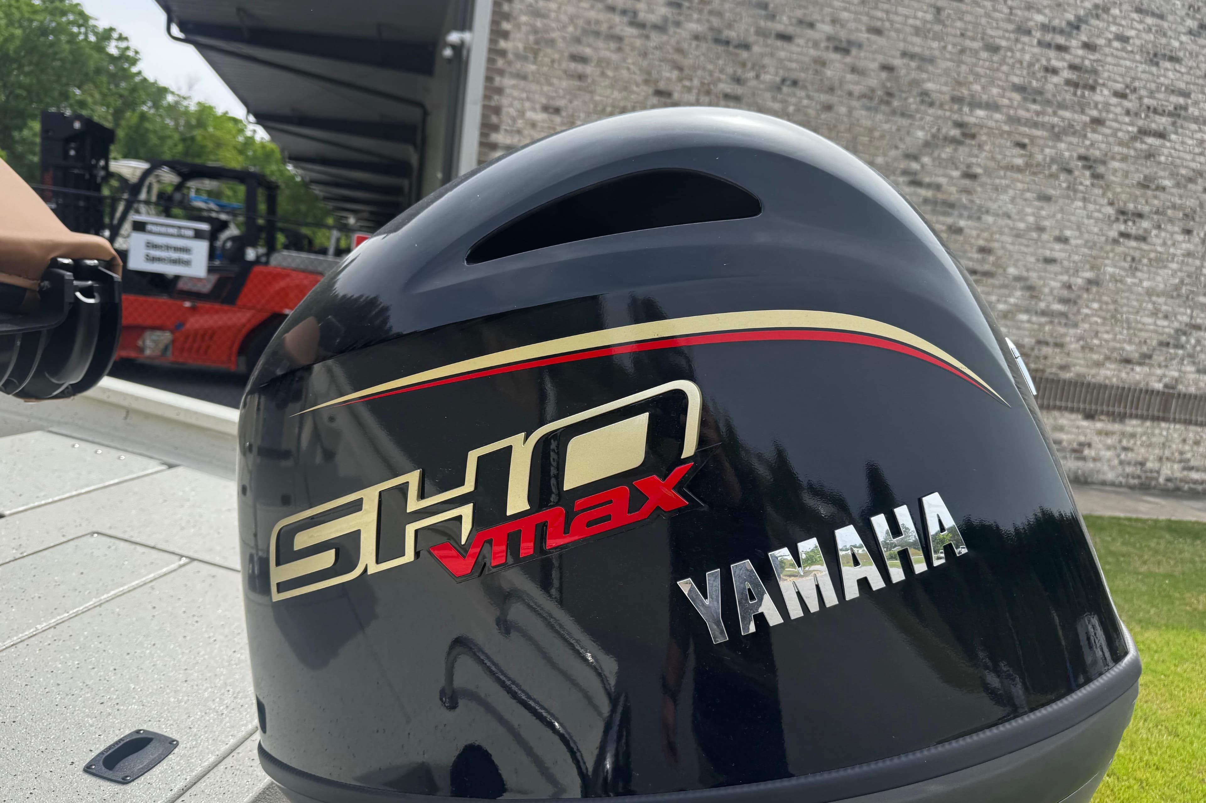 Yamaha SHO VMAX engine on 2026 Xpress H20B Bay boat, outdoor setting.