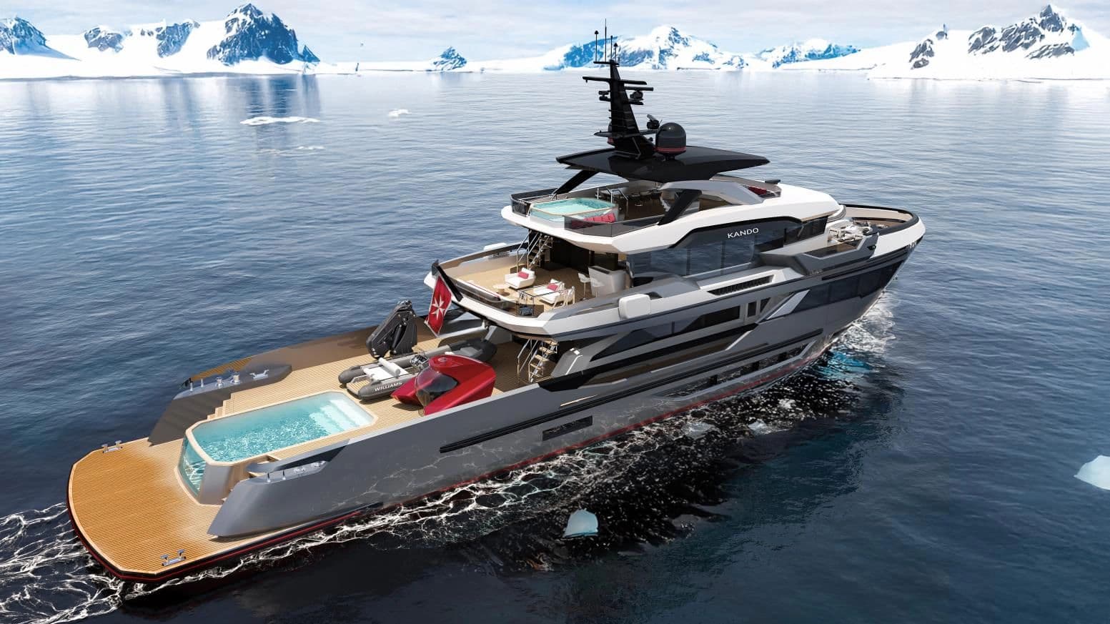 Luxury yacht Ava Kando 130 XL 2028 in Arctic waters.