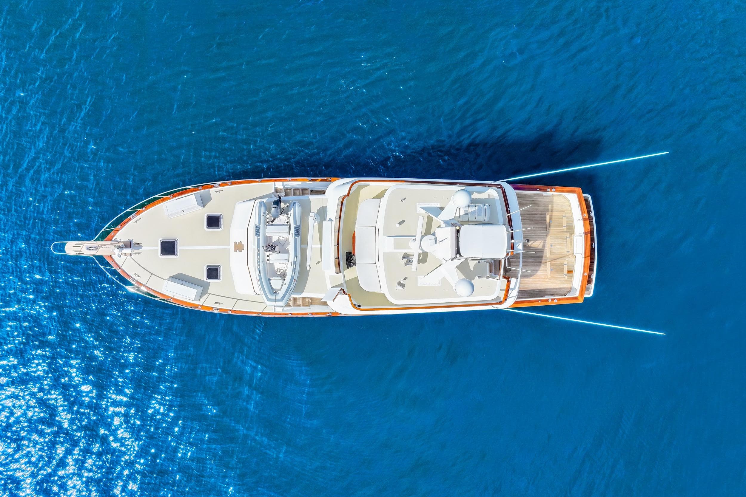 Aerial view of 1970 Hargrave Yachtfisher on clear blue water.