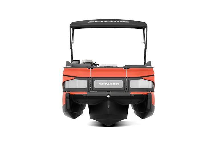 Manufacturer Provided Image: 2026 Sea-Doo Switch 16, rear view, orange and black design, with canopy.