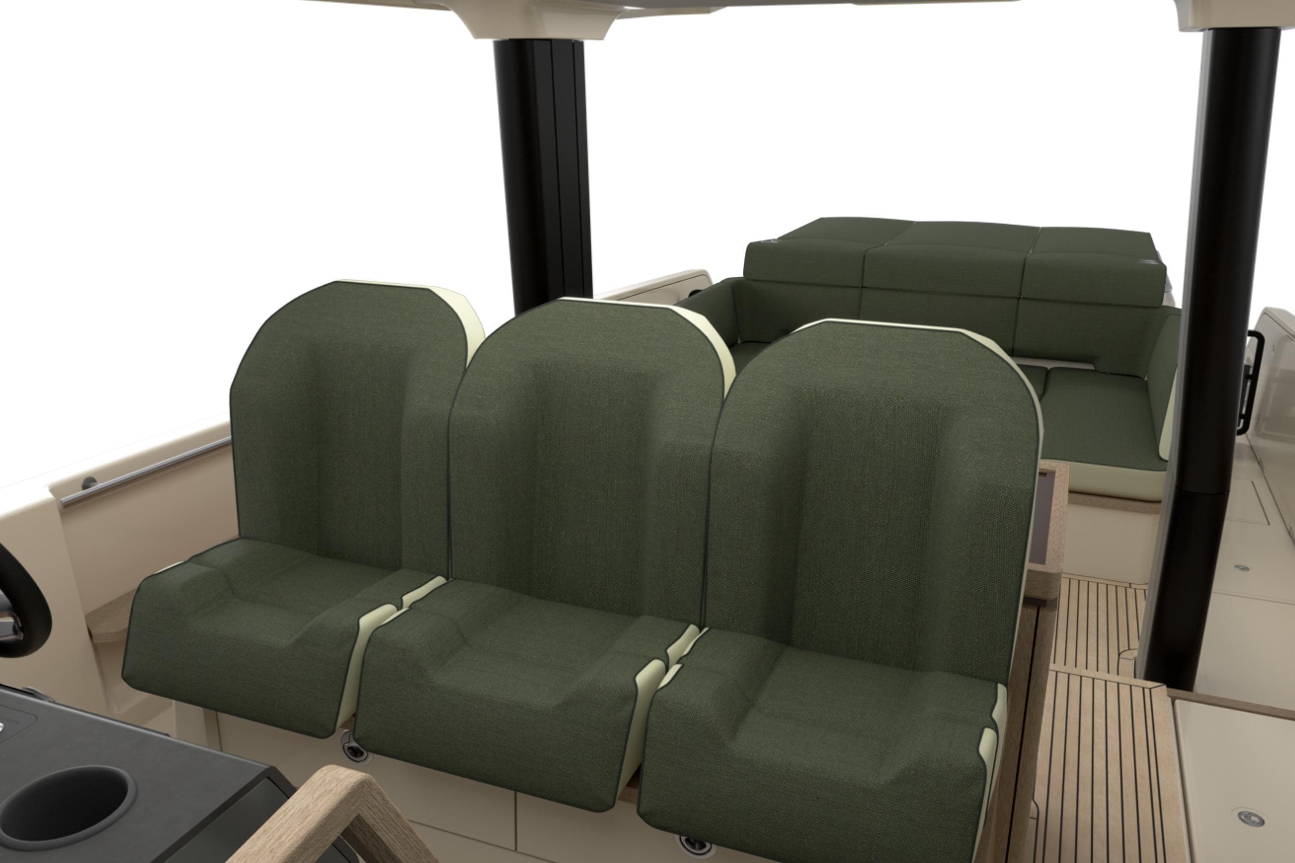 Interior seating of 2026 Aiata Sunfinder 50 boat, featuring green cushioned seats.