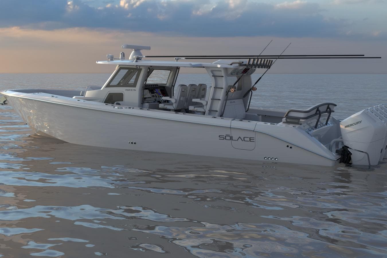 2026 Solace 42 CS boat on calm water at sunset.