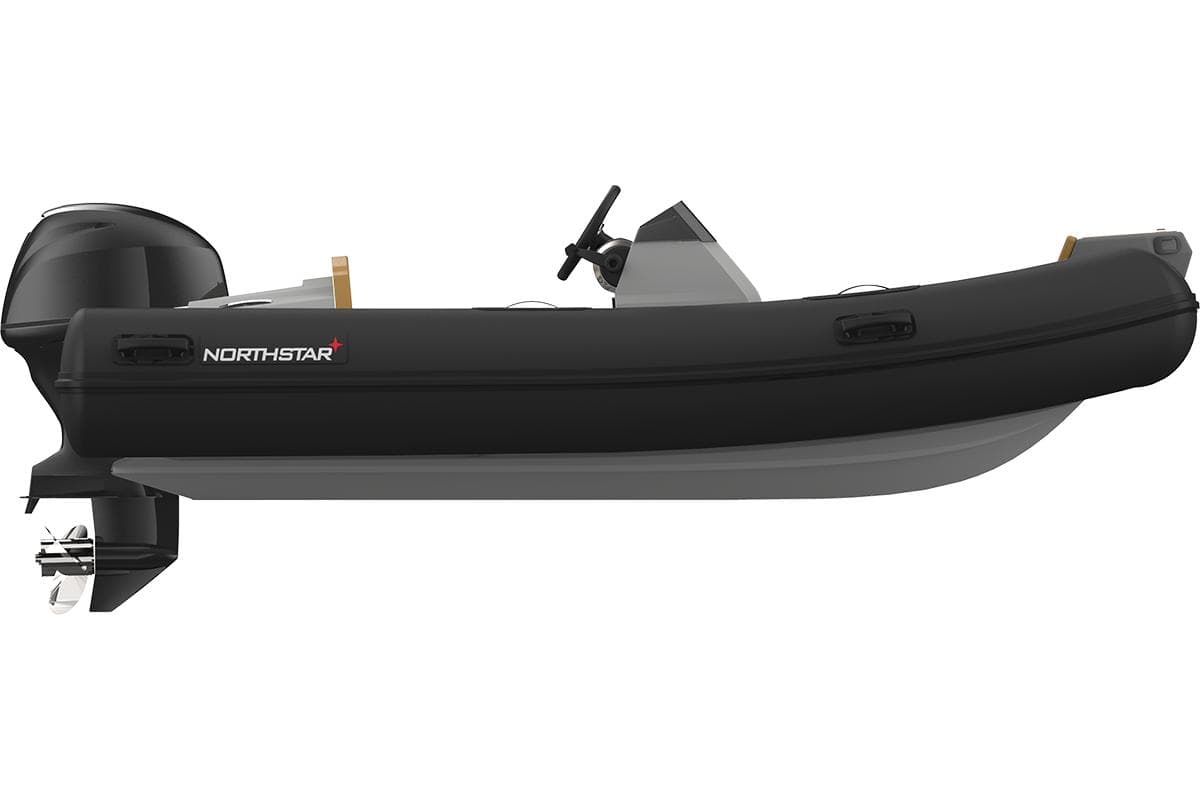 2022 Northstar Axis 3.4 inflatable boat, side view, black and gray design.