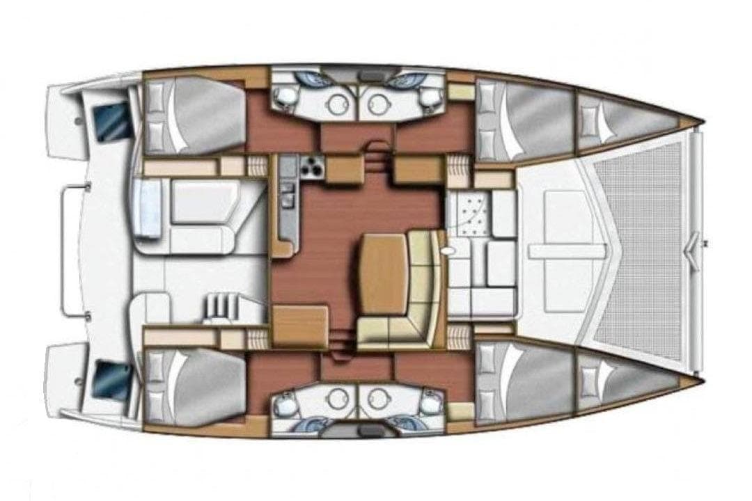Floor plan of a 2013 Leopard 44 catamaran, featuring cabins, salon, and galley layout.