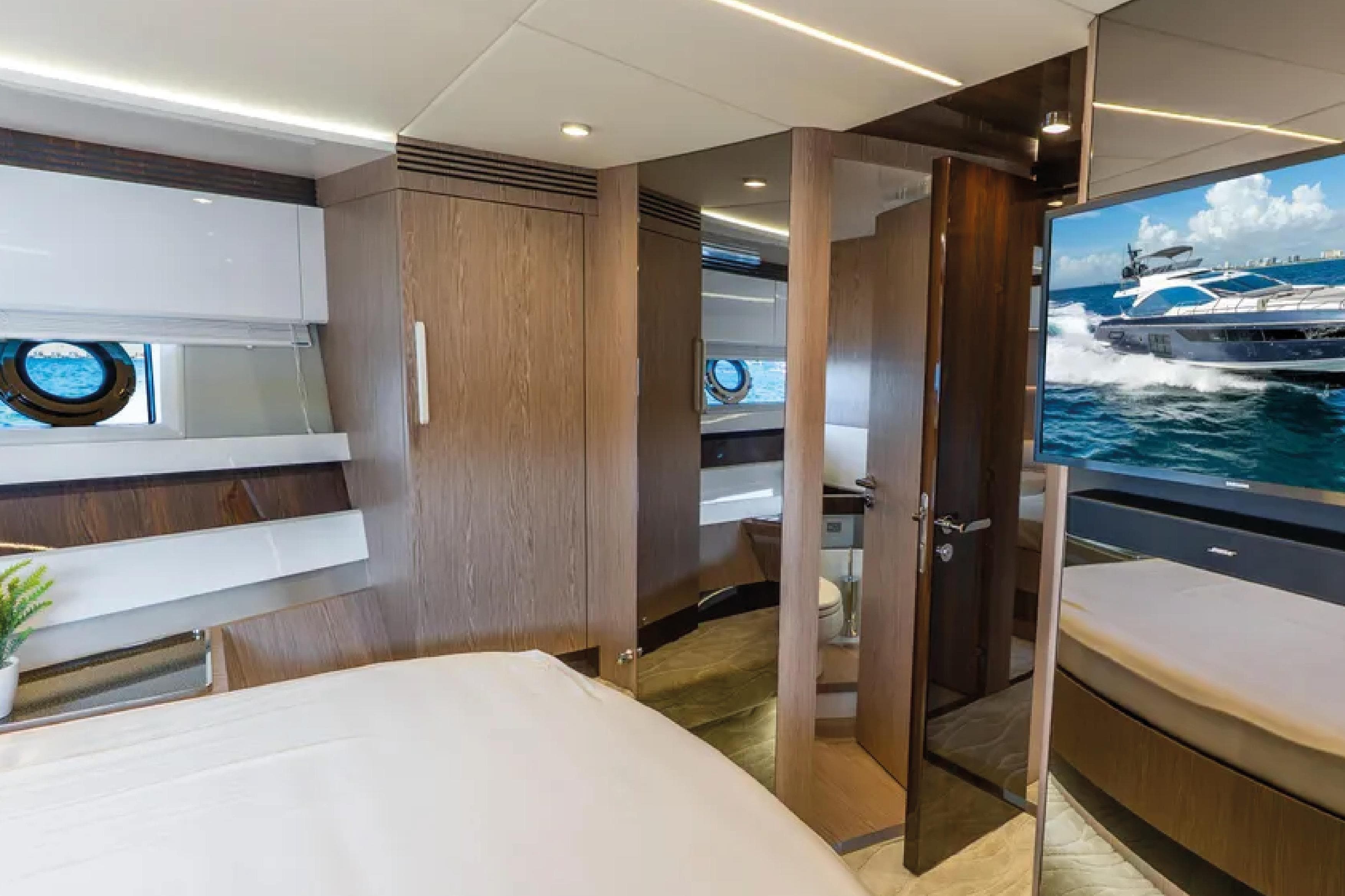Luxurious interior of 2019 Azimut S7 yacht with modern design and ocean view.