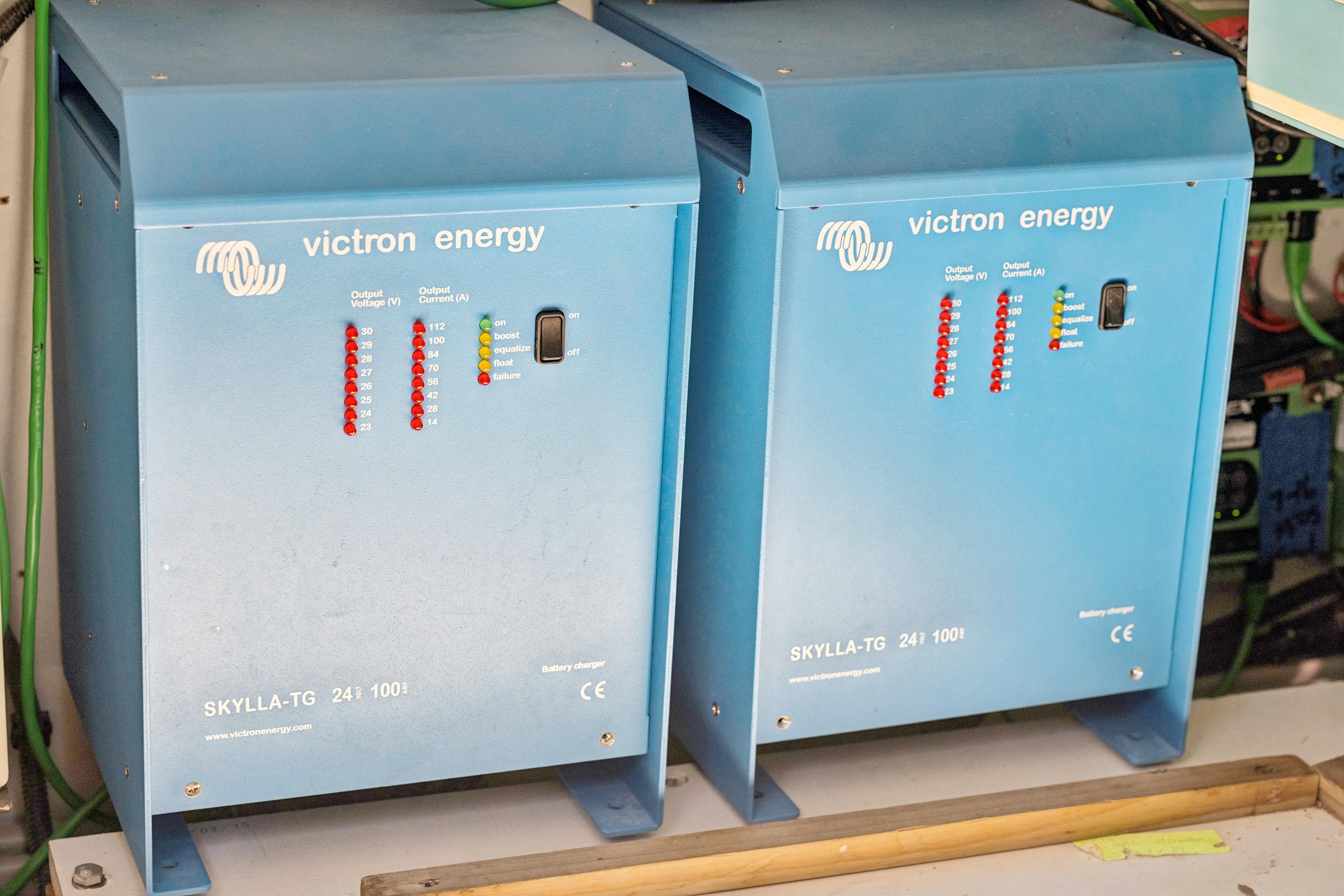 Two Victron Energy Skylla-TG battery chargers on a 2012 Lagoon 560 yacht.