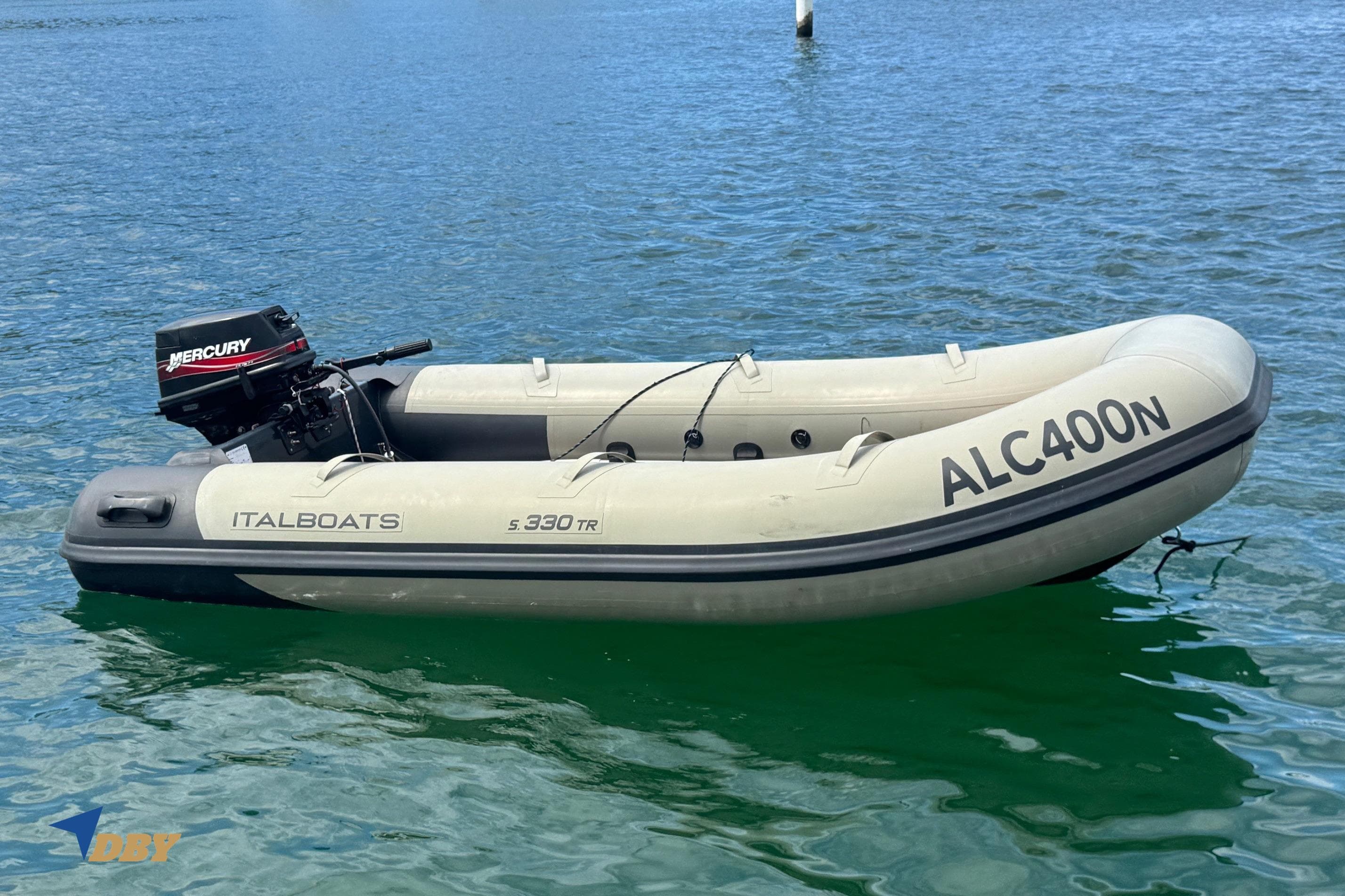 Inflatable Italboats S330 TR with Mercury engine on water, marked ALC400N.