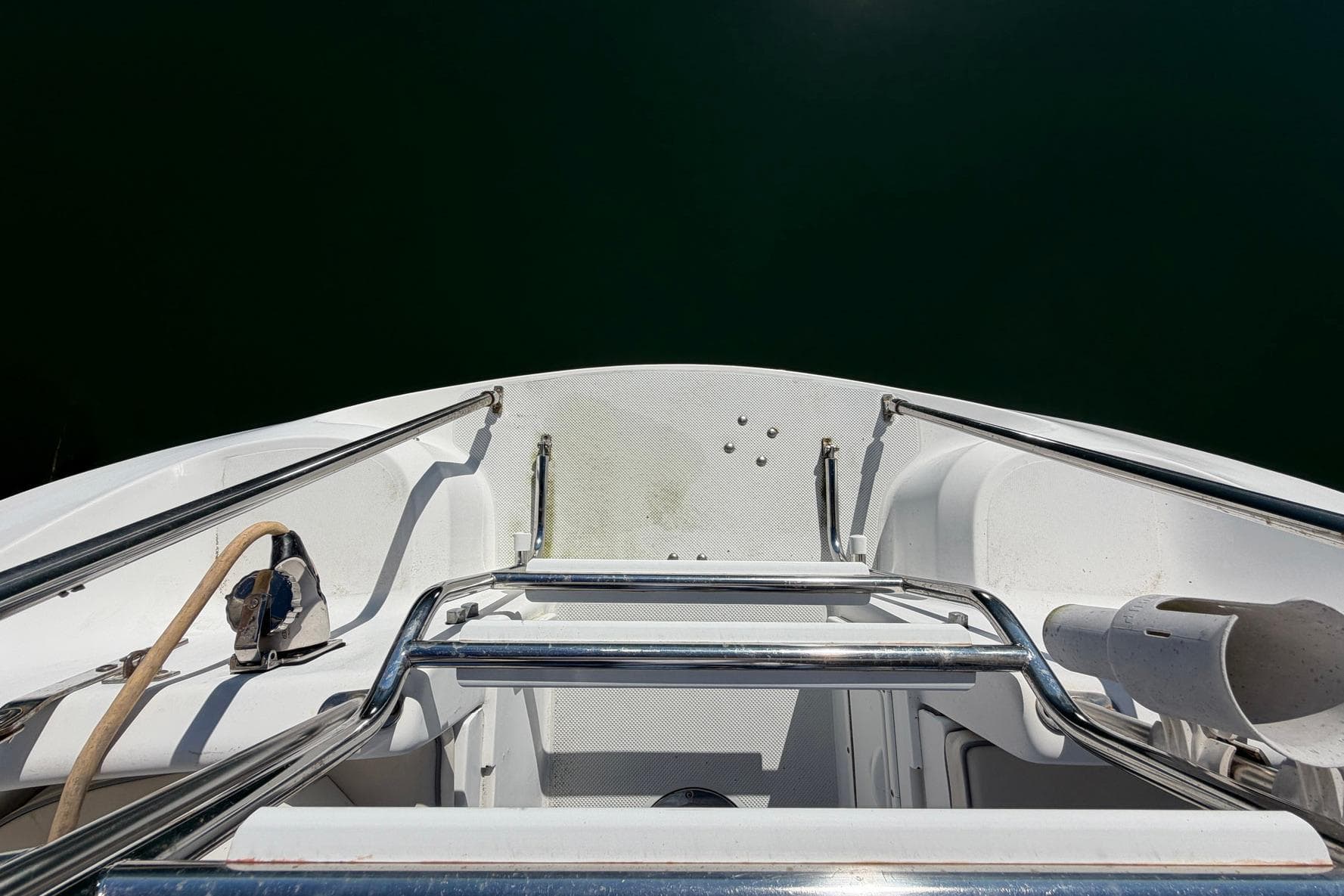 Deck view of a 2001 Catalina 36 MkII sailboat with stainless steel railings.