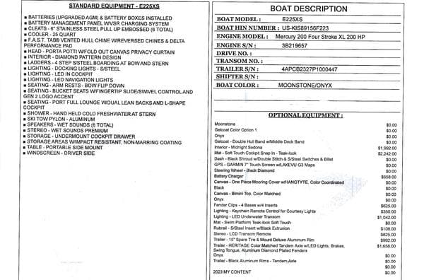 2023 Crownline E225 XS boat specifications and optional equipment list.