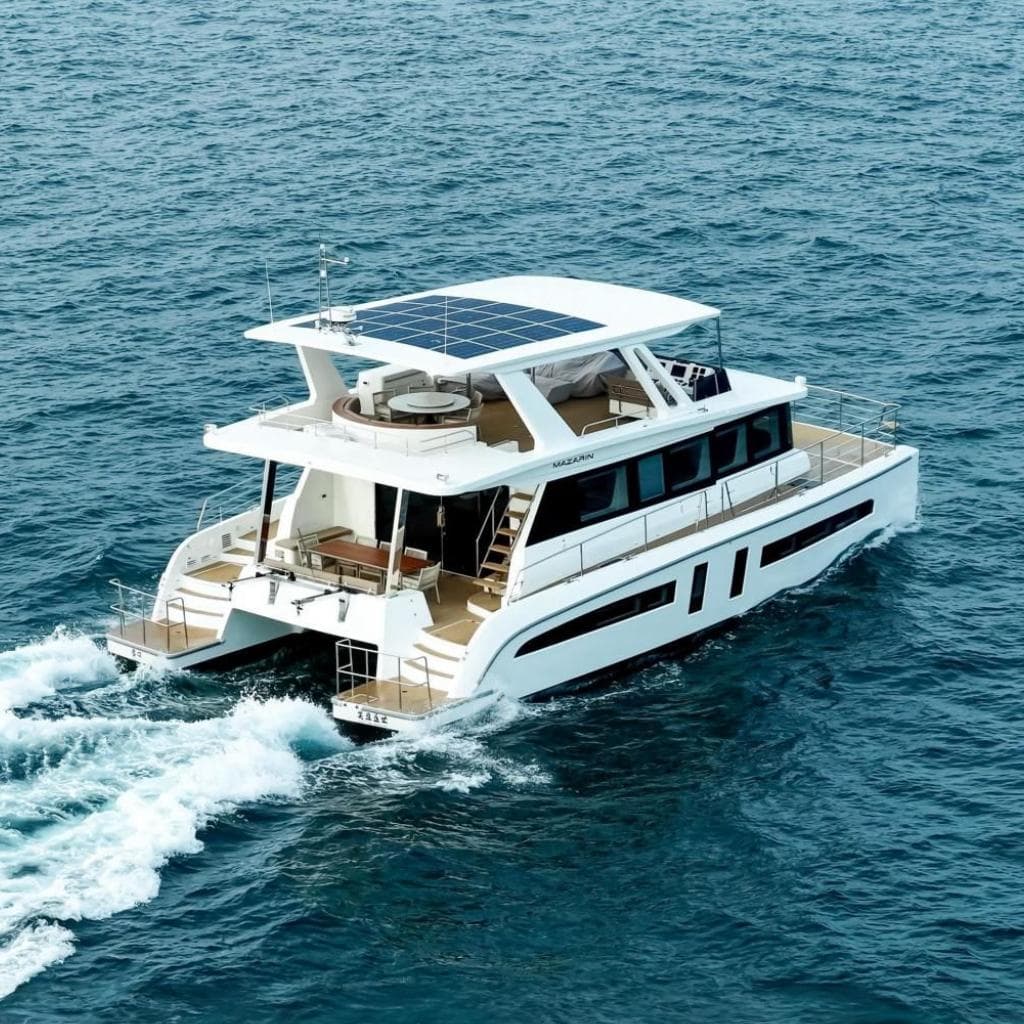 Luxury Mazarin 55 EVO II yacht cruising on open sea, 2025 model.