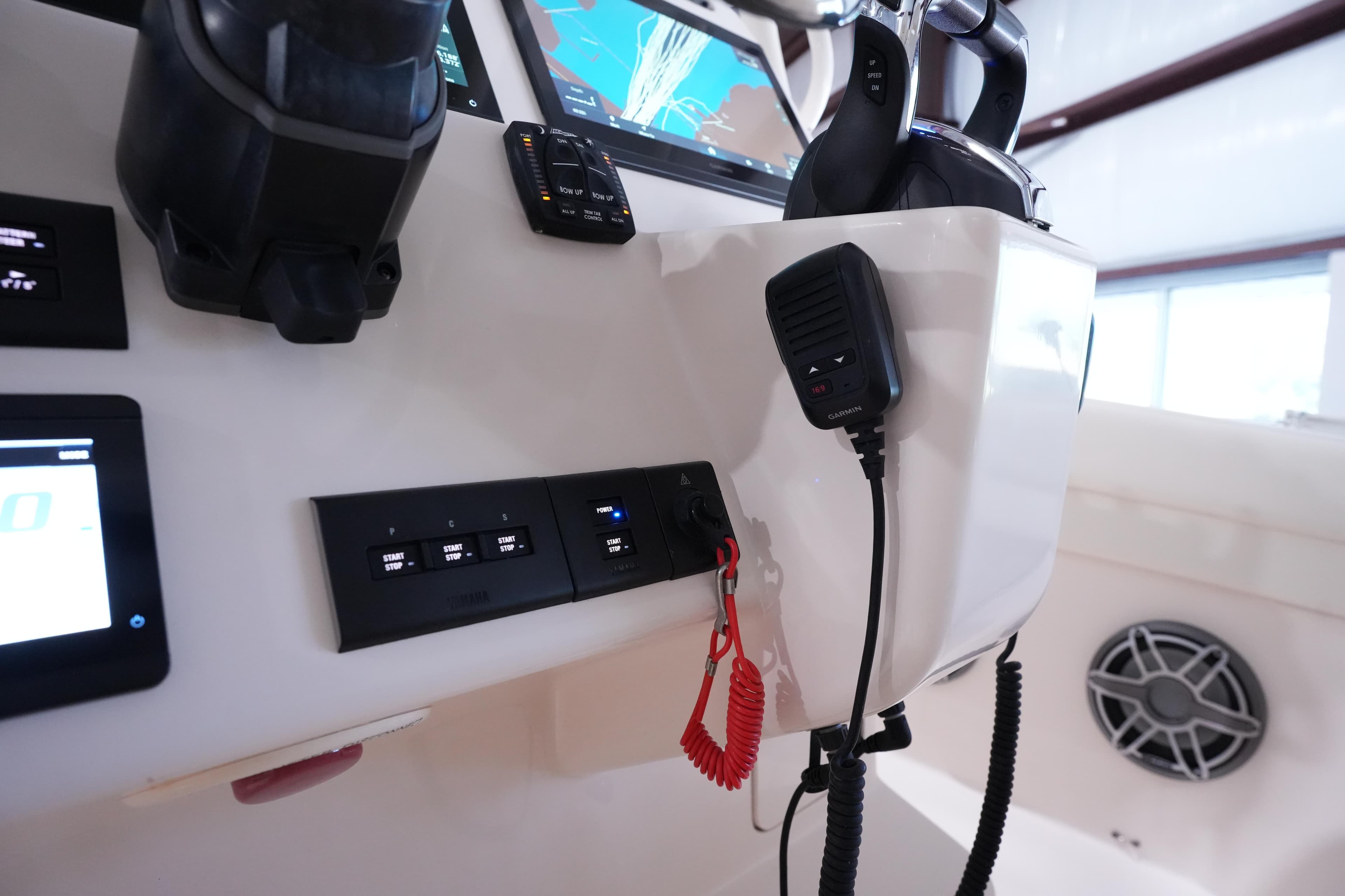 Control panel of 2023 Grady-White Canyon 336 boat with modern navigation equipment.