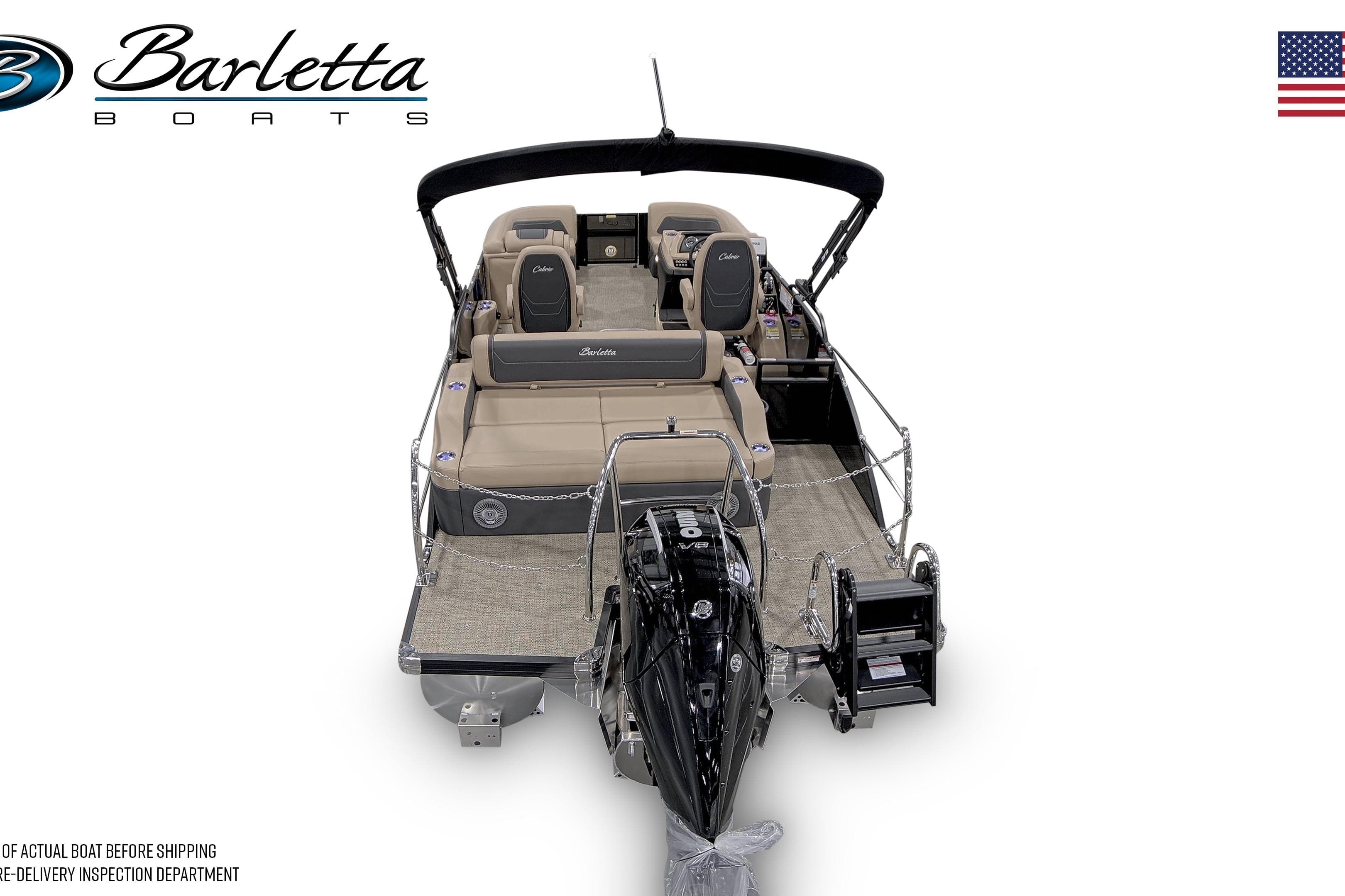 2026 Barletta Cabrio 22UC pontoon boat, rear view, showcasing seating and motor.