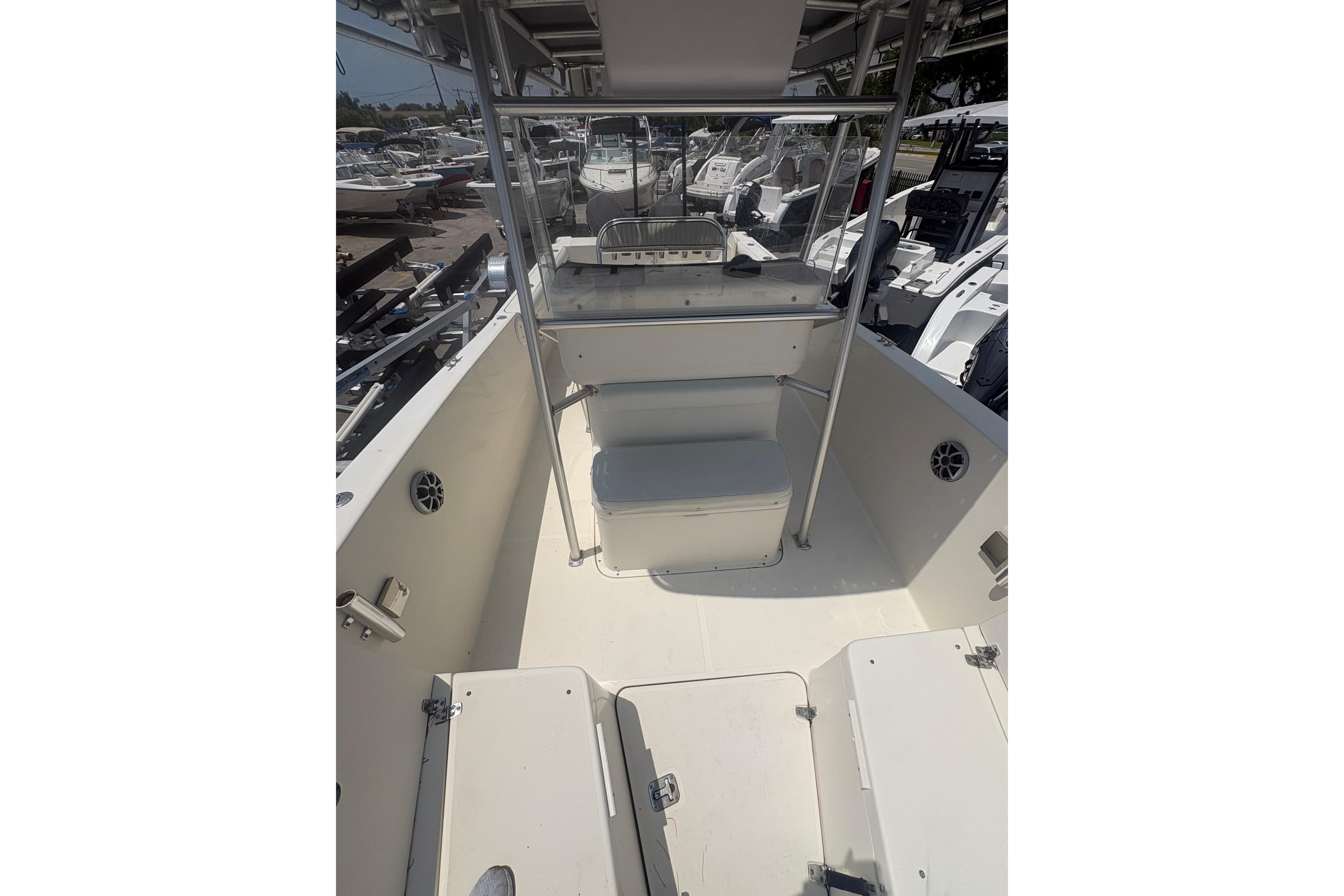 1998 Pursuit 2870 Center Console boat interior with seating and console view.