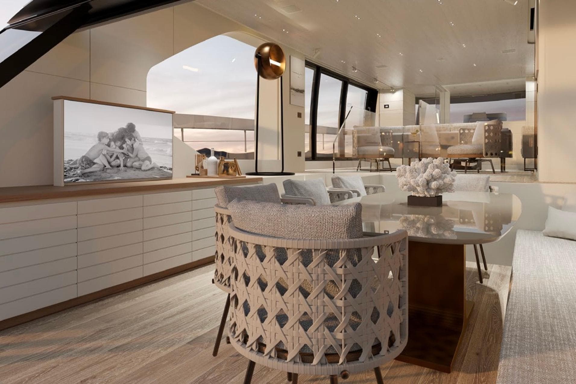 Luxurious interior of 2026 Sanlorenzo SP92 yacht with elegant seating and modern decor.