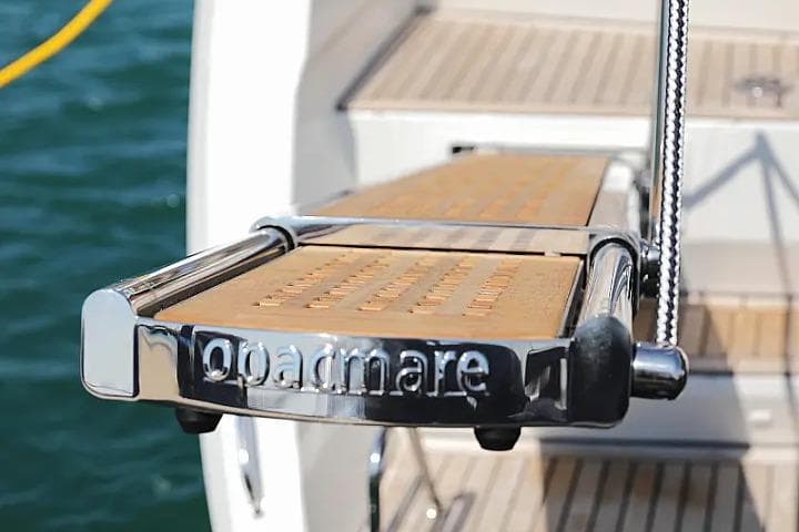 Boarding platform of 2018 Lagoon 620 Esense yacht with teak finish.