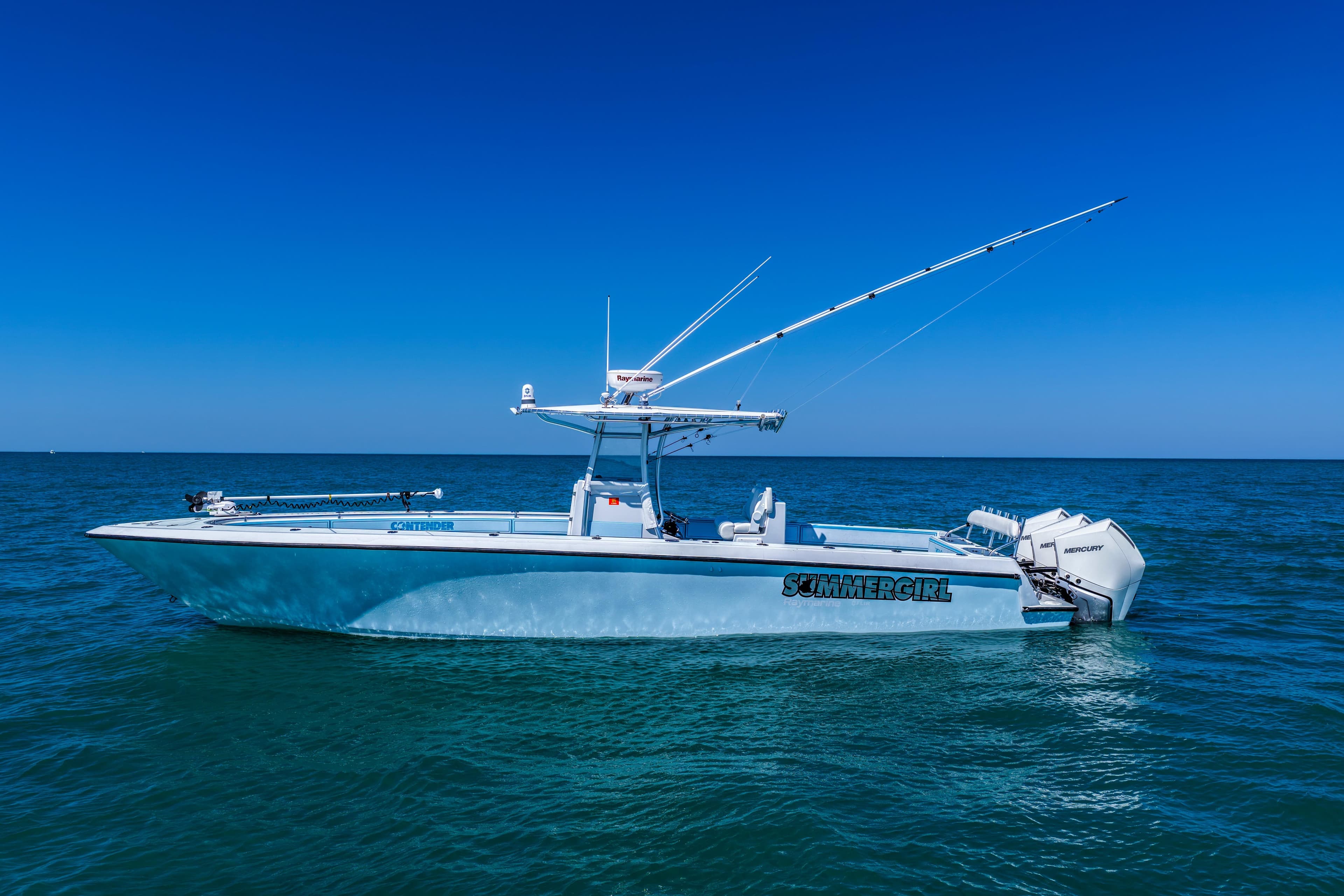 2003 Contender 36 Open boat on calm ocean under clear blue sky.