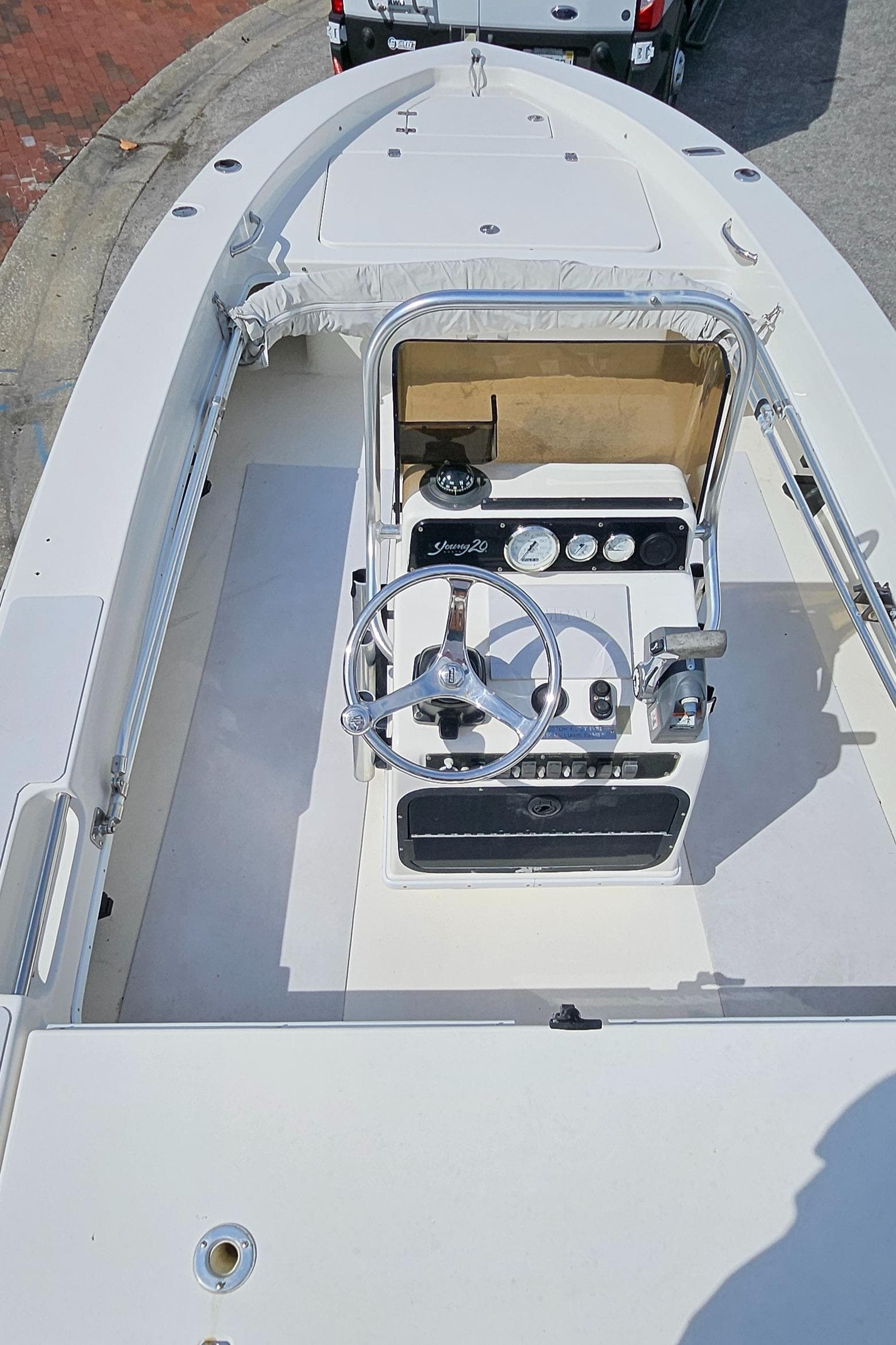 2007 Young Boats 20 Bay, top view of steering console and deck.
