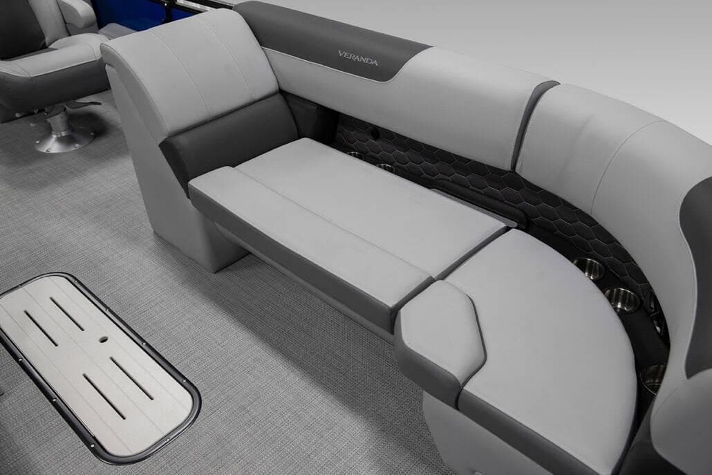 2026 Veranda VR235L boat interior with sleek gray seating and modern design.