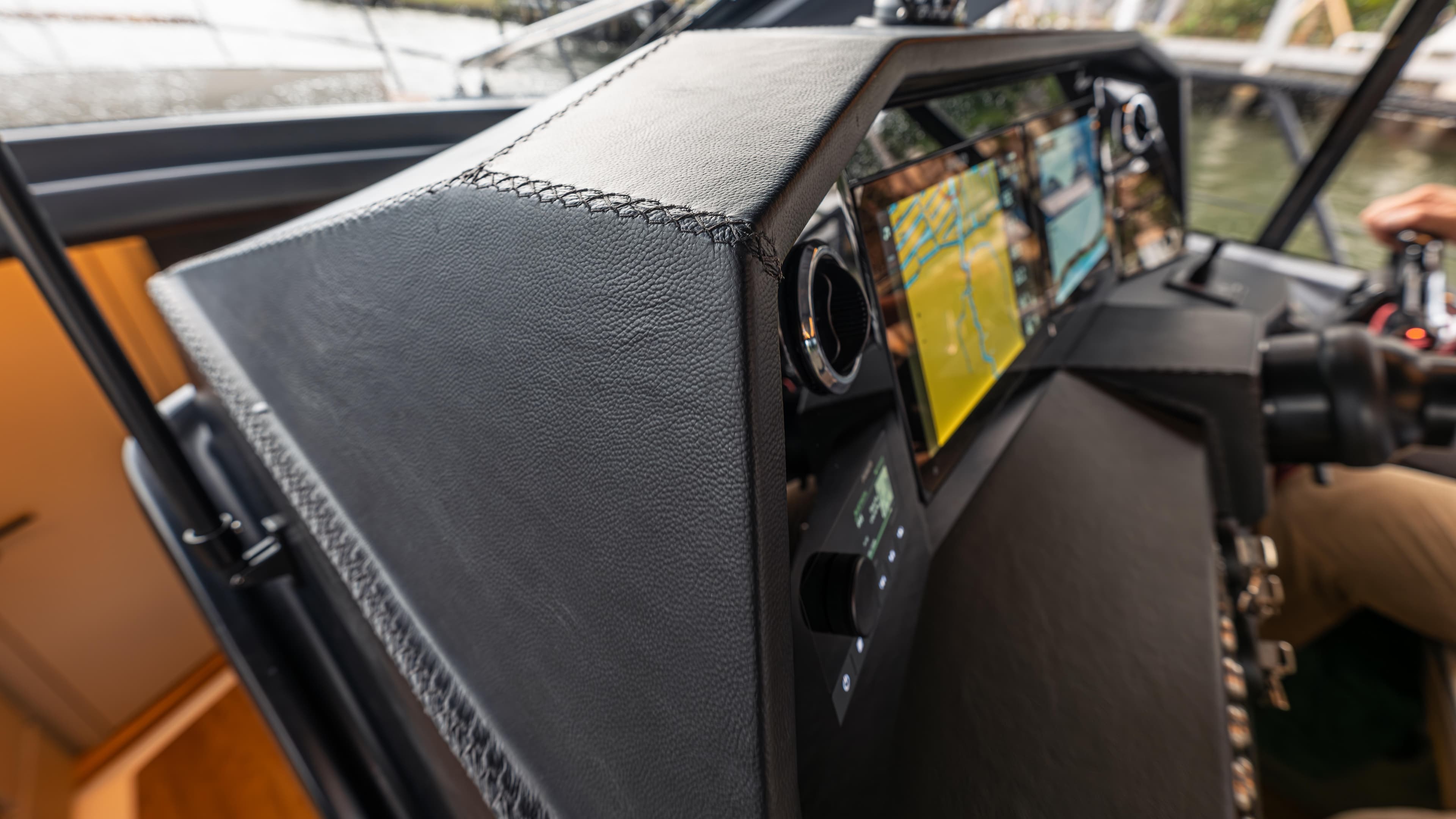 Cockpit of Hanover 415 boat, 2026 model, featuring modern instruments.