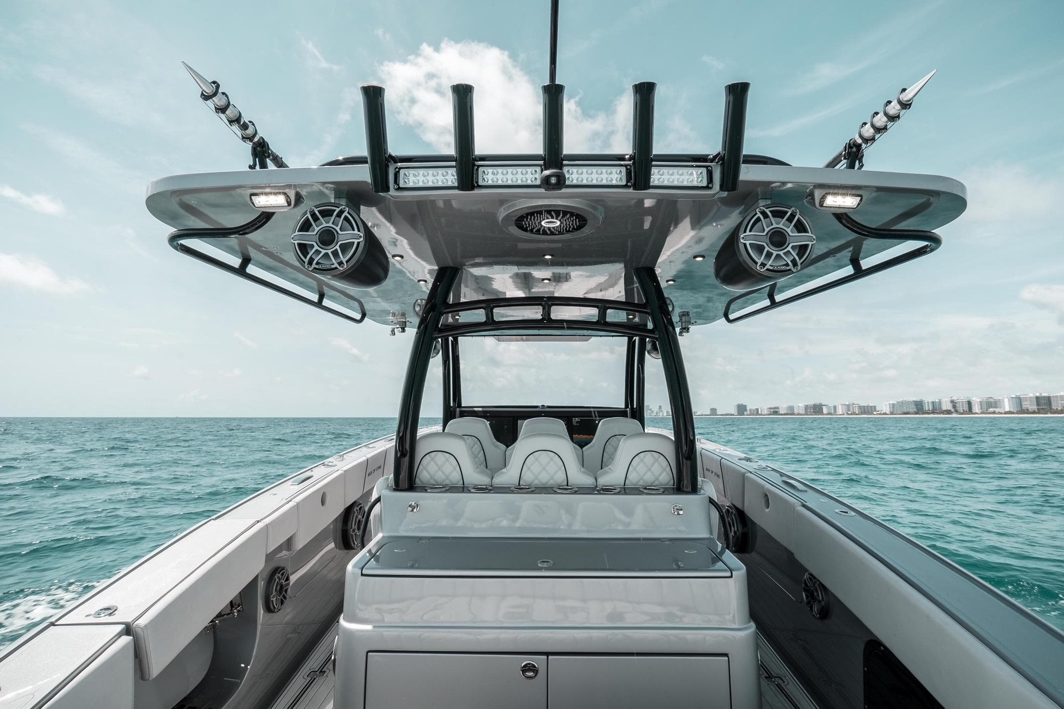 2022 Midnight Express 43 Open boat on open water, showcasing luxury seating and modern design.