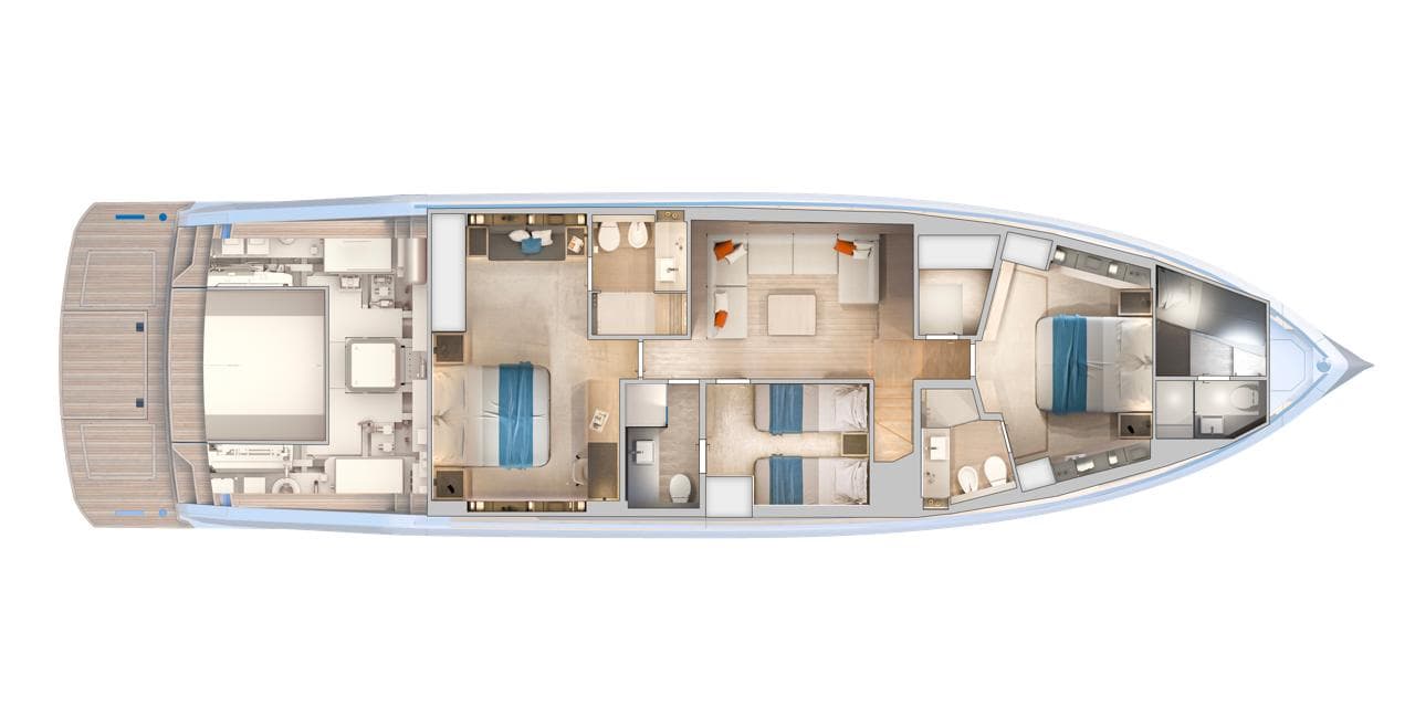 2025 Pardo Yachts GT75 interior layout, showcasing luxurious cabins and spacious living areas.