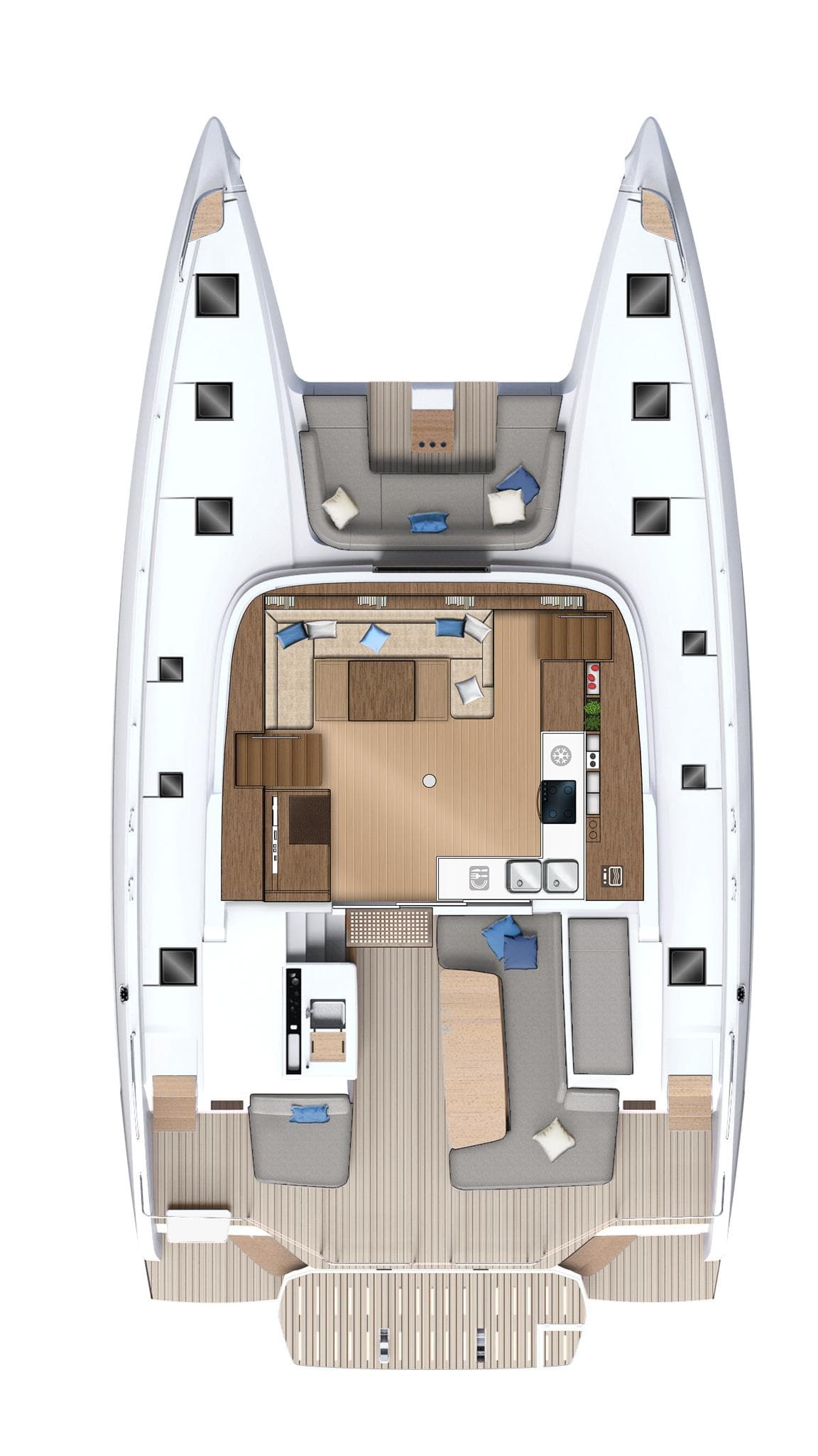 Top view of 2025 Lagoon 55 catamaran interior layout, showcasing spacious living and dining areas.