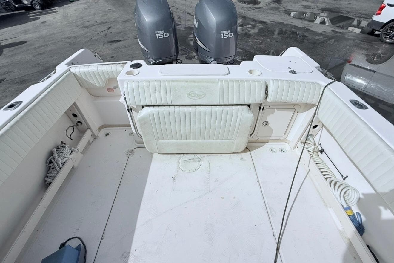 2005 Grady-White Journey 258 boat deck with twin Yamaha 150 engines.