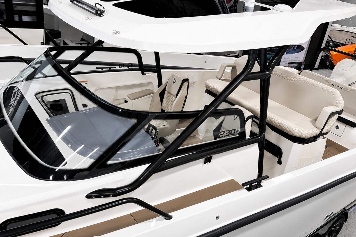 2026 Navan S30 boat interior with modern seating and sleek design.