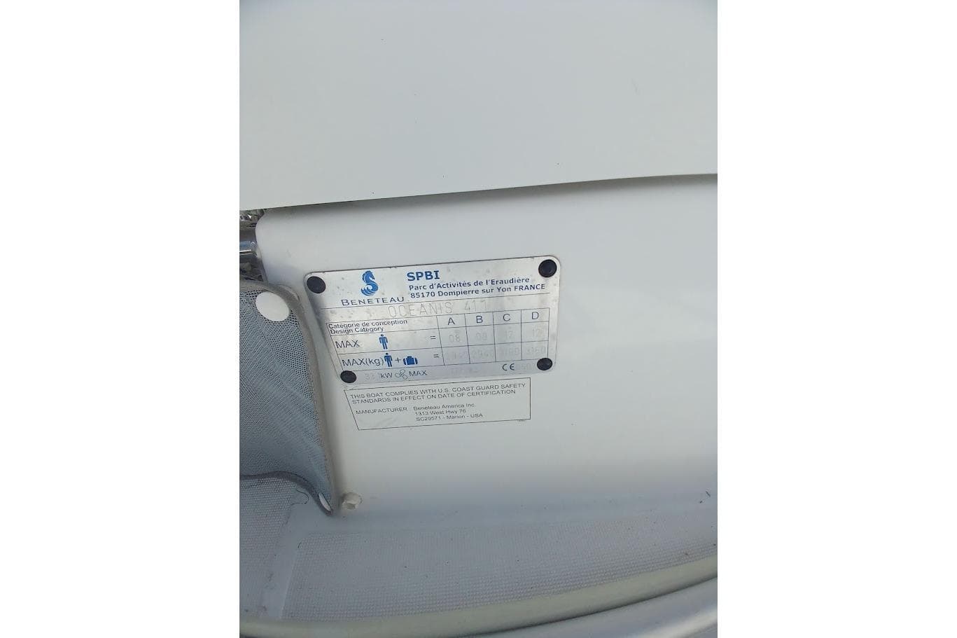Beneteau Oceanis 46.1 2020 model identification plate with specifications and safety information.