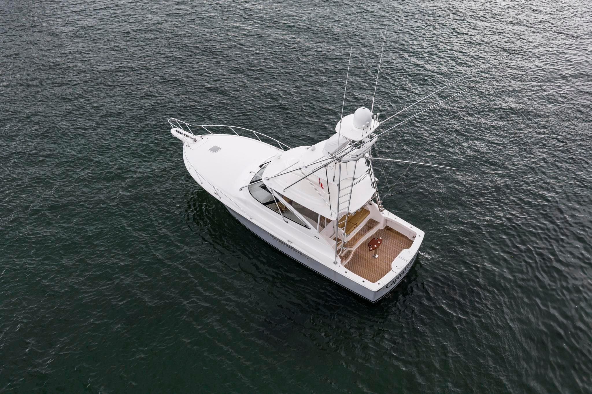 2018 Viking 44 Express yacht on open water, aerial view.