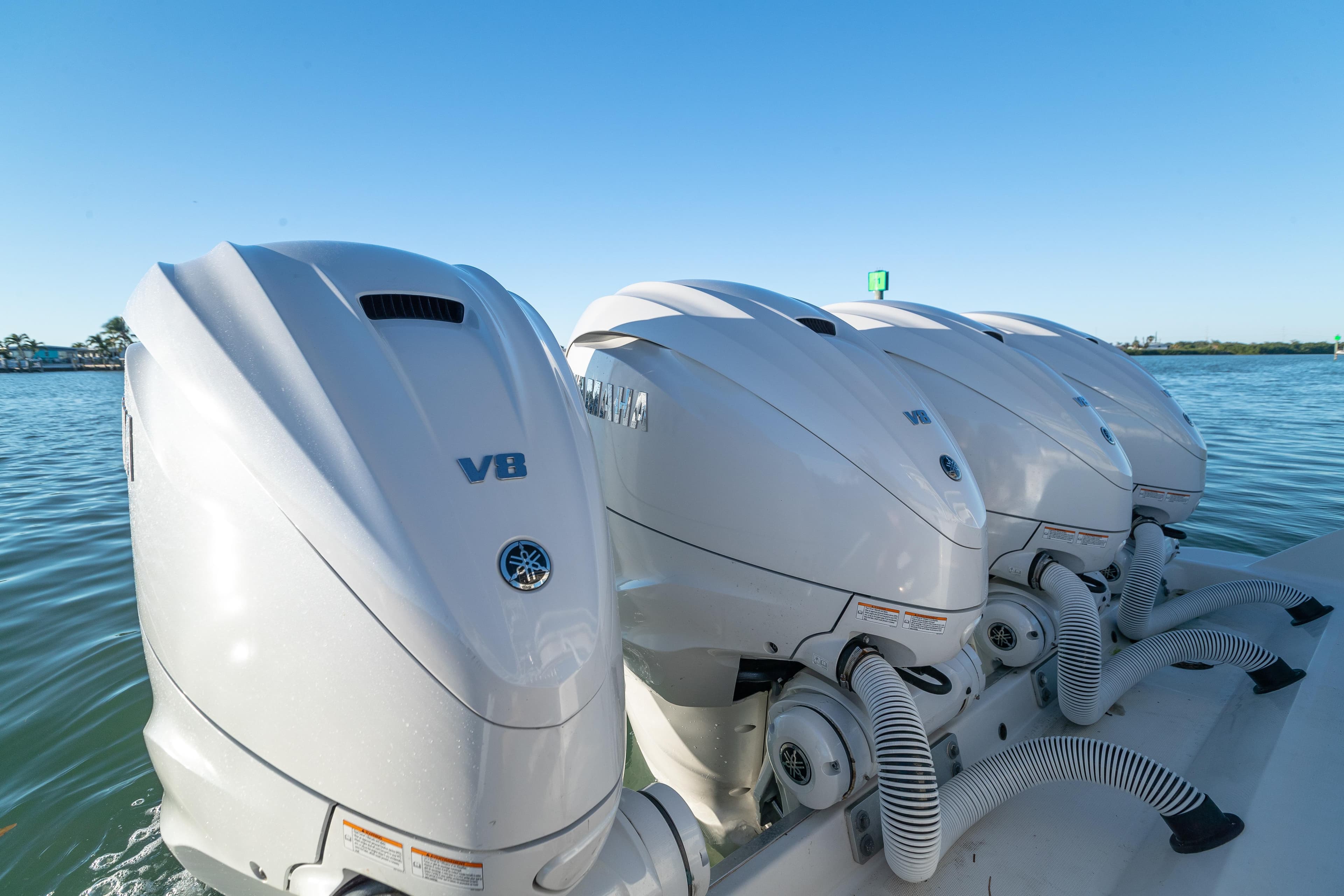 Four Yamaha V8 outboard engines on a 2018 HCB 53 Suenos RXV boat.