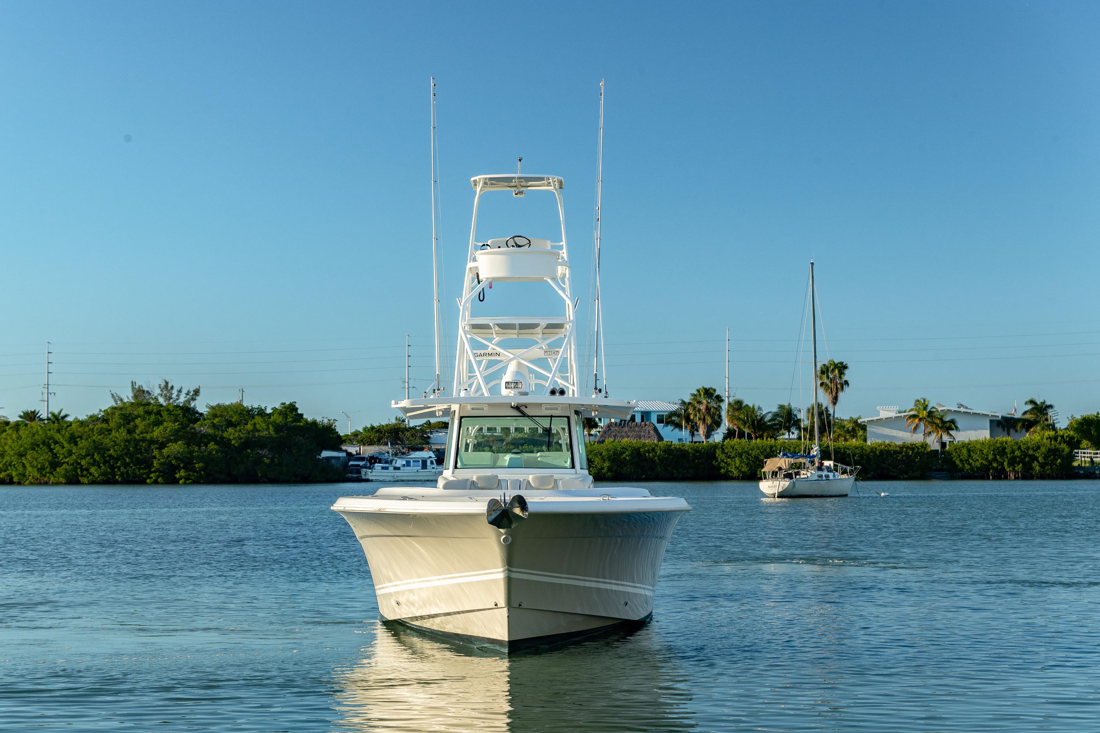 2018 HCB 53 Suenos RXV boat on calm water, clear sky background.
