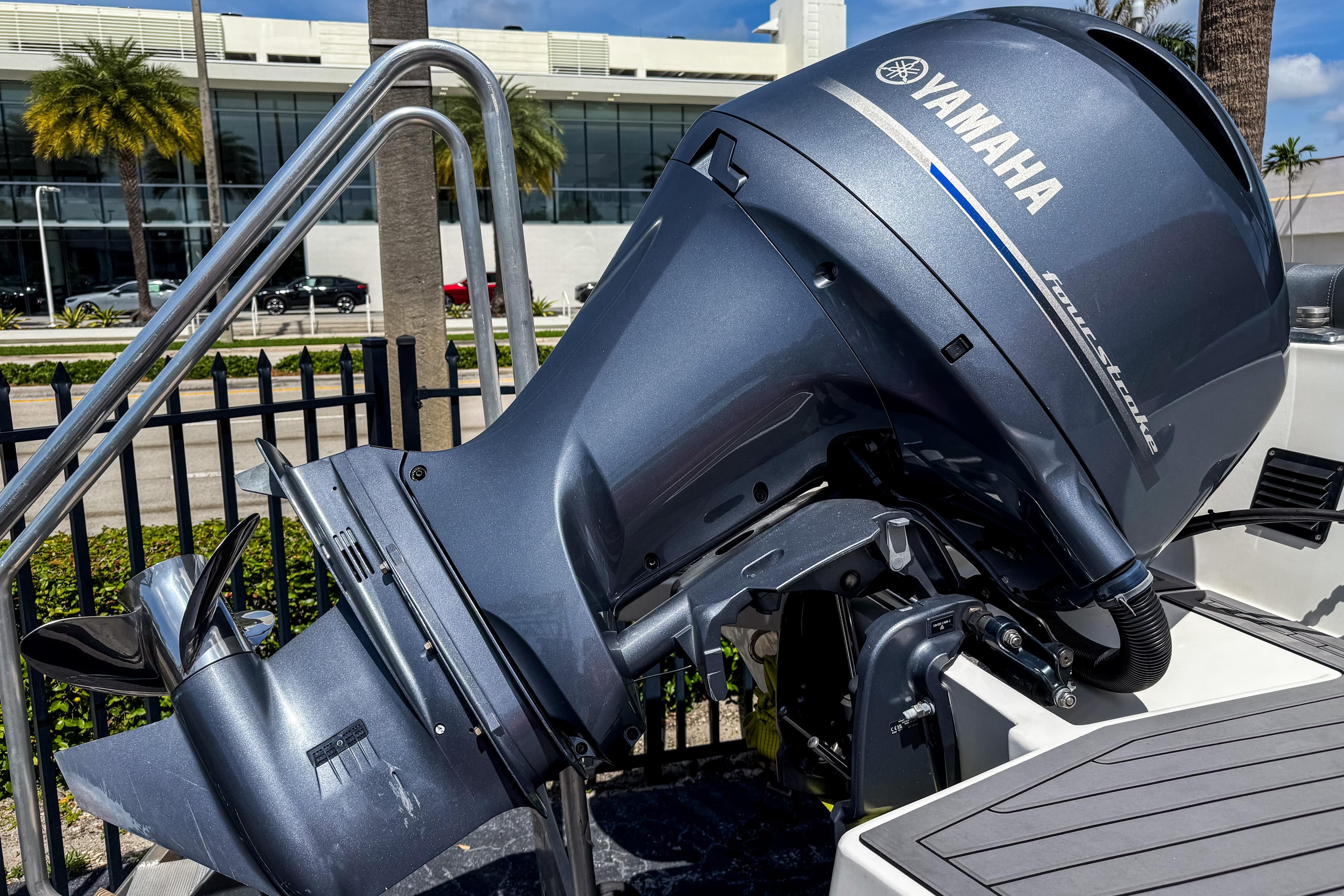 Yamaha four-stroke outboard motor on a 2022 Northstar Orion 7 boat, parked outdoors.