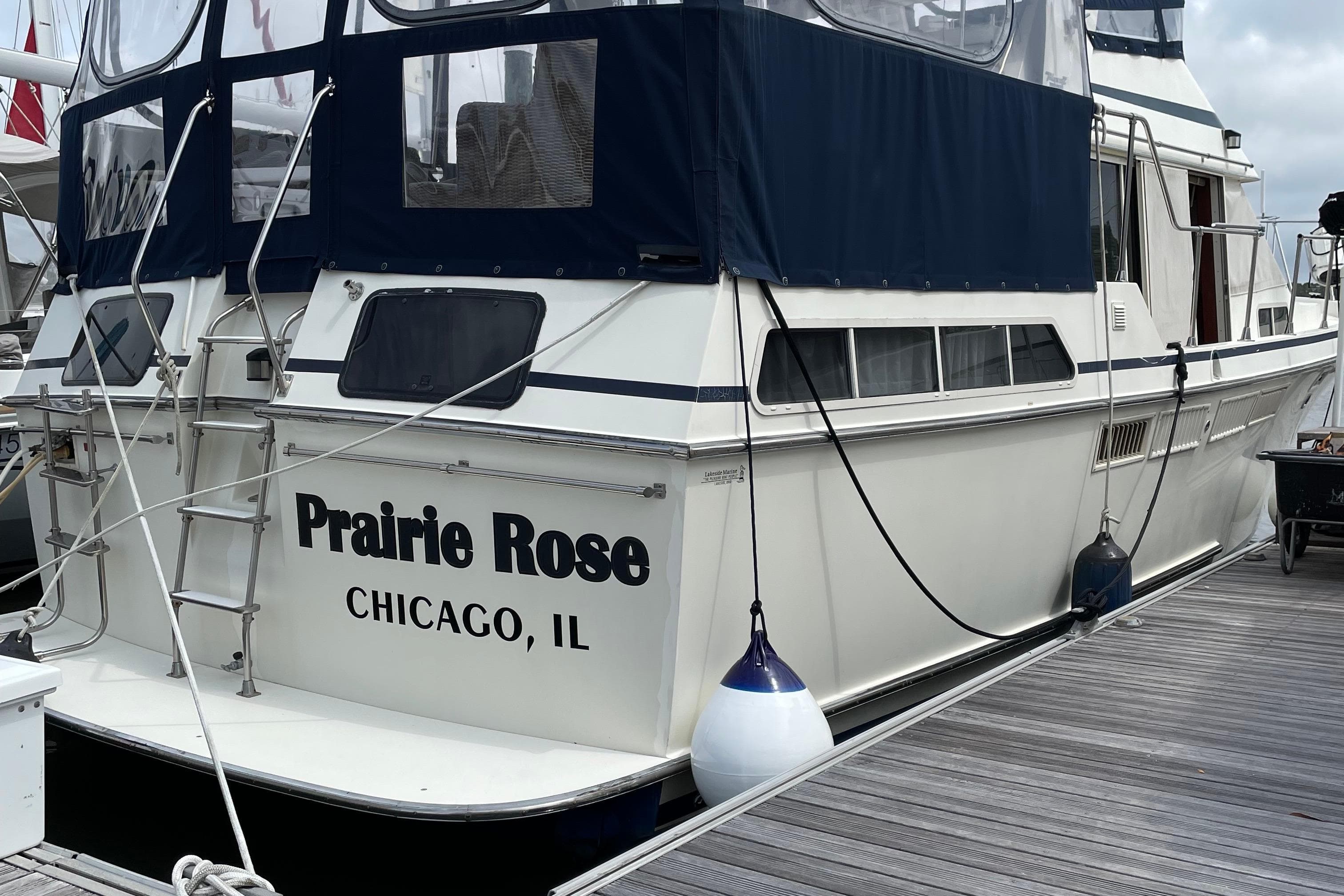 1988 Tollycraft 40 Sundeck Motor Yacht docked, named "Prairie Rose," from Chicago, IL.