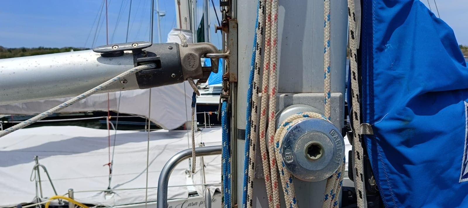 Close-up of 1986 Slocum 43 Cutter sailboat rigging and mast details.
