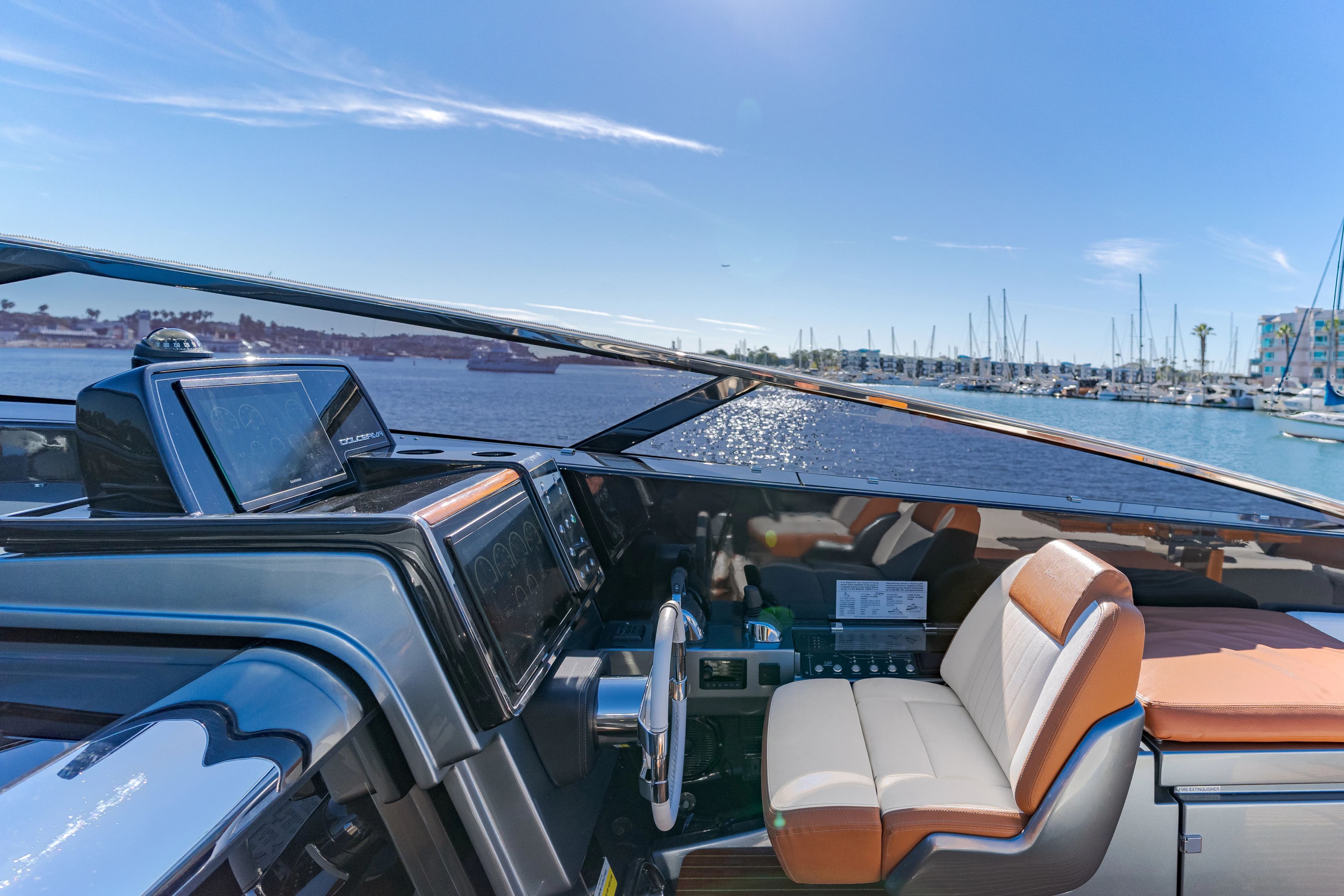 Interior view of 2021 Riva 48' Dolceriva yacht in harbor.