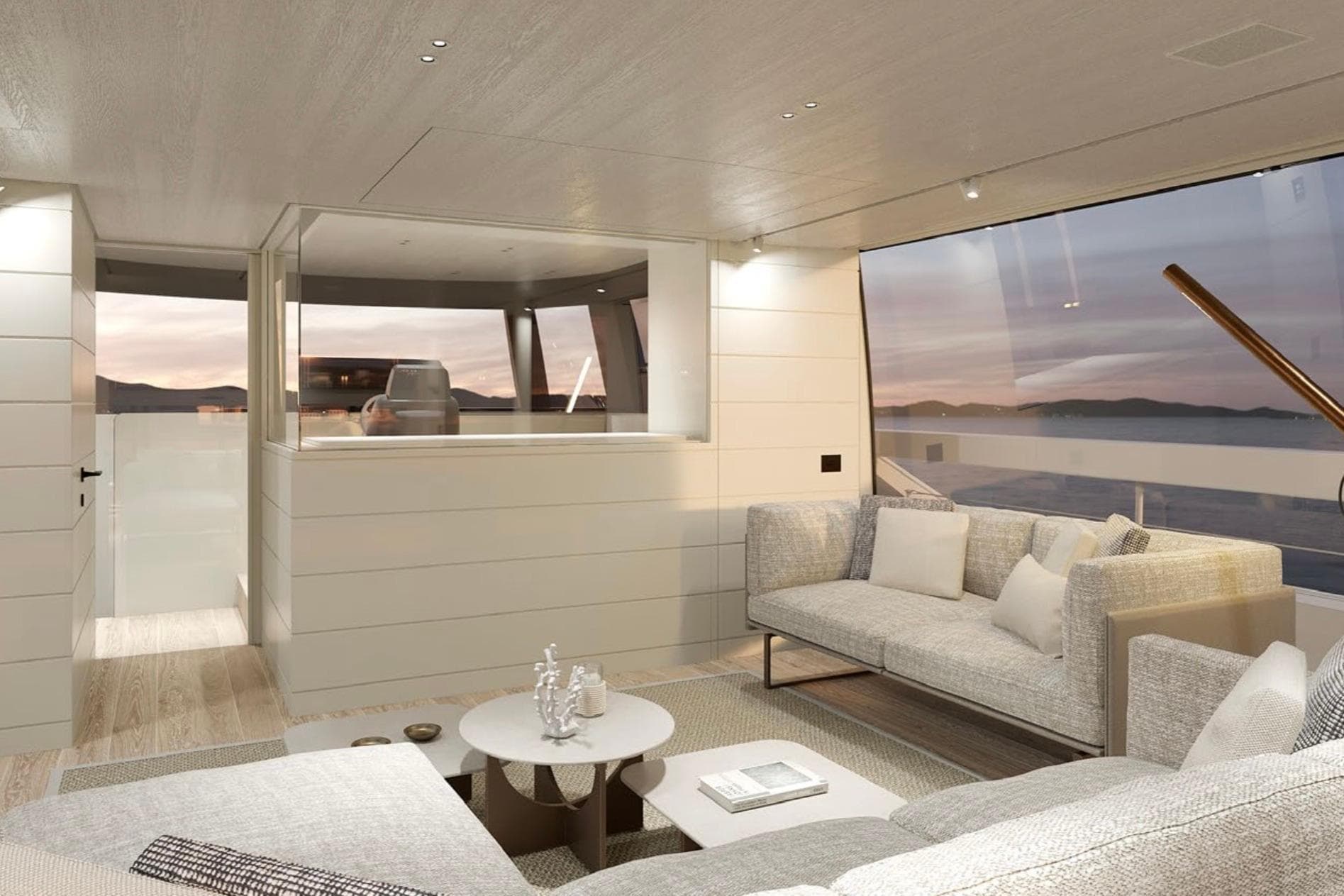 Luxurious interior of 2026 Sanlorenzo SP92 yacht with modern furnishings and ocean view.