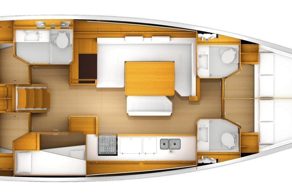 Interior layout of 2016 Jeanneau Sun Odyssey 519 sailboat, featuring cabins and bathrooms.