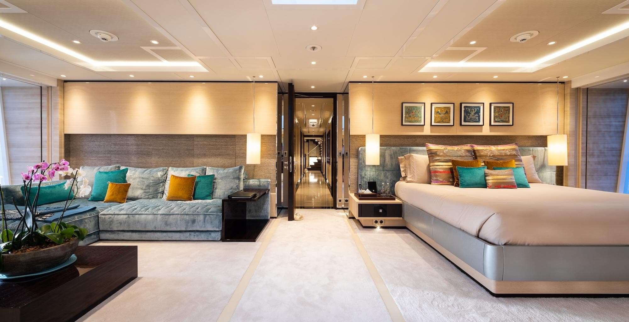 Luxurious bedroom interior of 2016 Alia Yachts 60M, featuring elegant decor and plush furnishings.