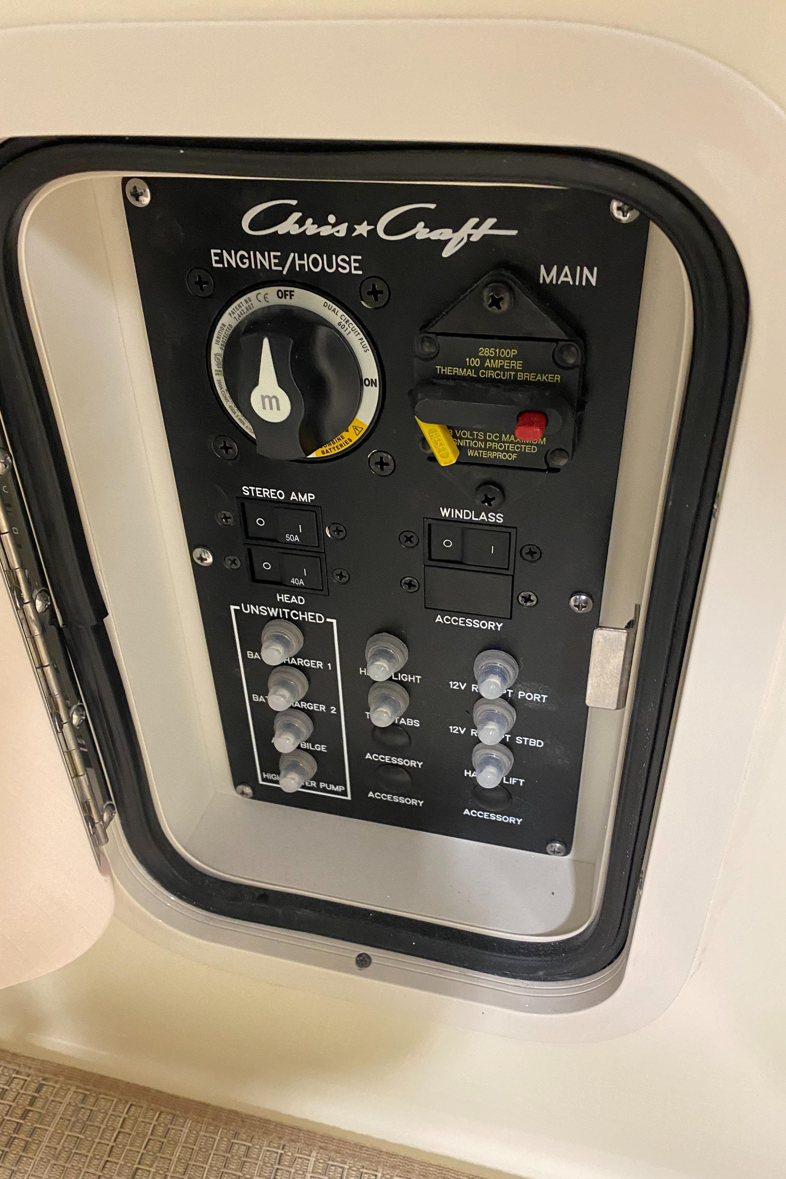 Control panel of 2025 Chris-Craft Launch 28 GT boat, featuring engine and accessory switches.